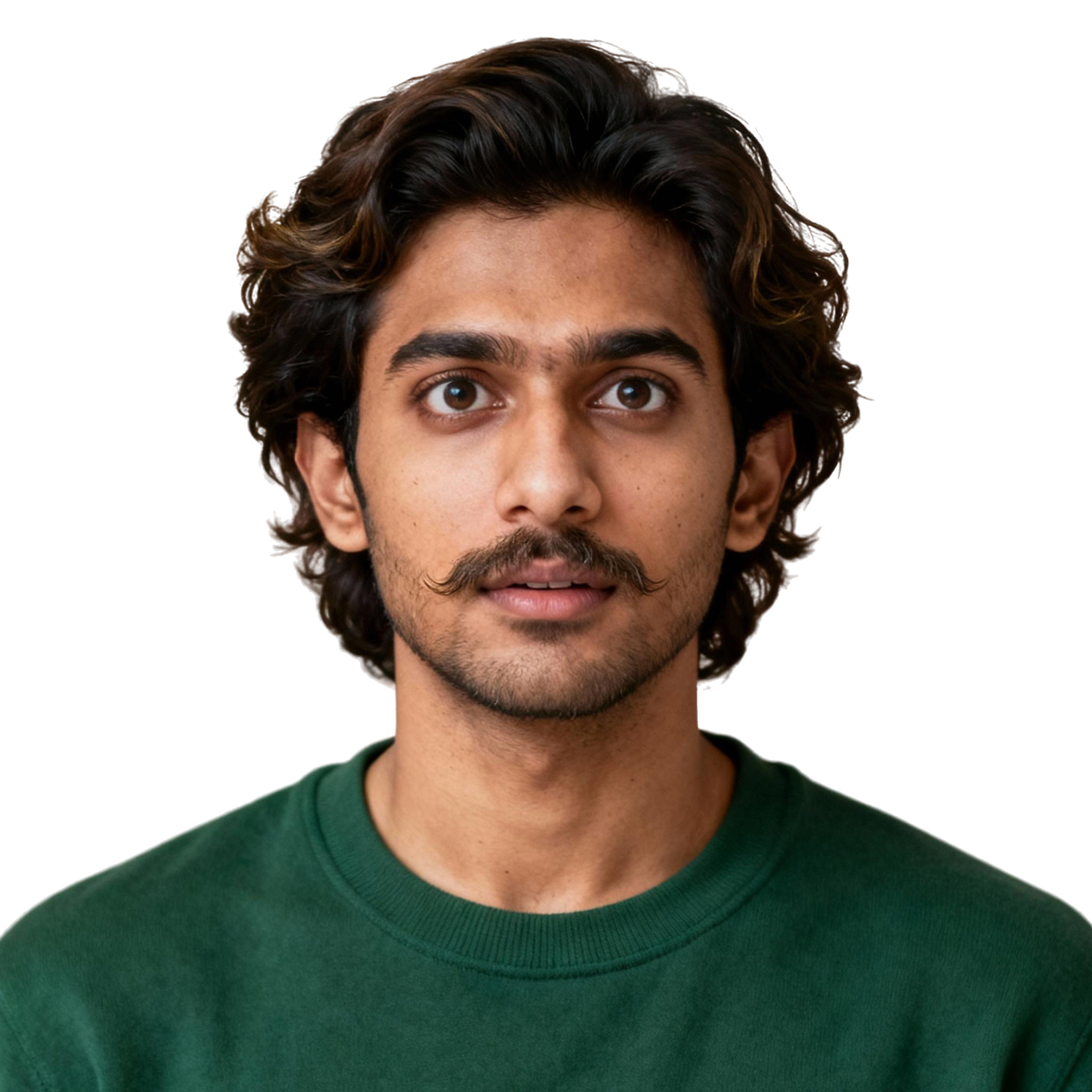 AI-generated portrait of a young man with medium-length wavy hair and light facial hair, wearing a plain sweatshirt, posed with a neutral expression against a transparent background in even light.