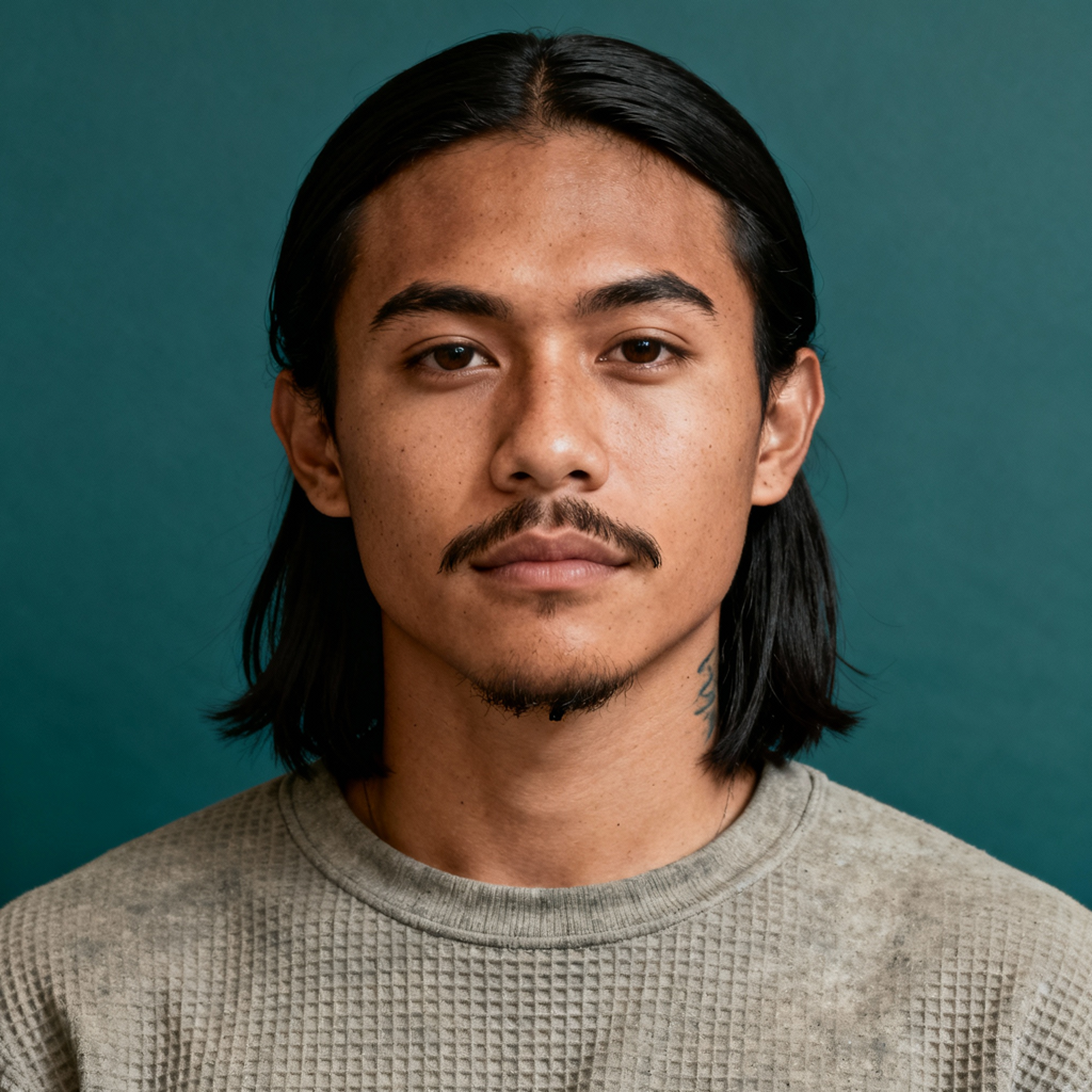 AI-generated portrait of a young man with shoulder-length hair and a faint mustache, wearing a simple knit top, posed with a neutral expression against a muted teal background in even light.