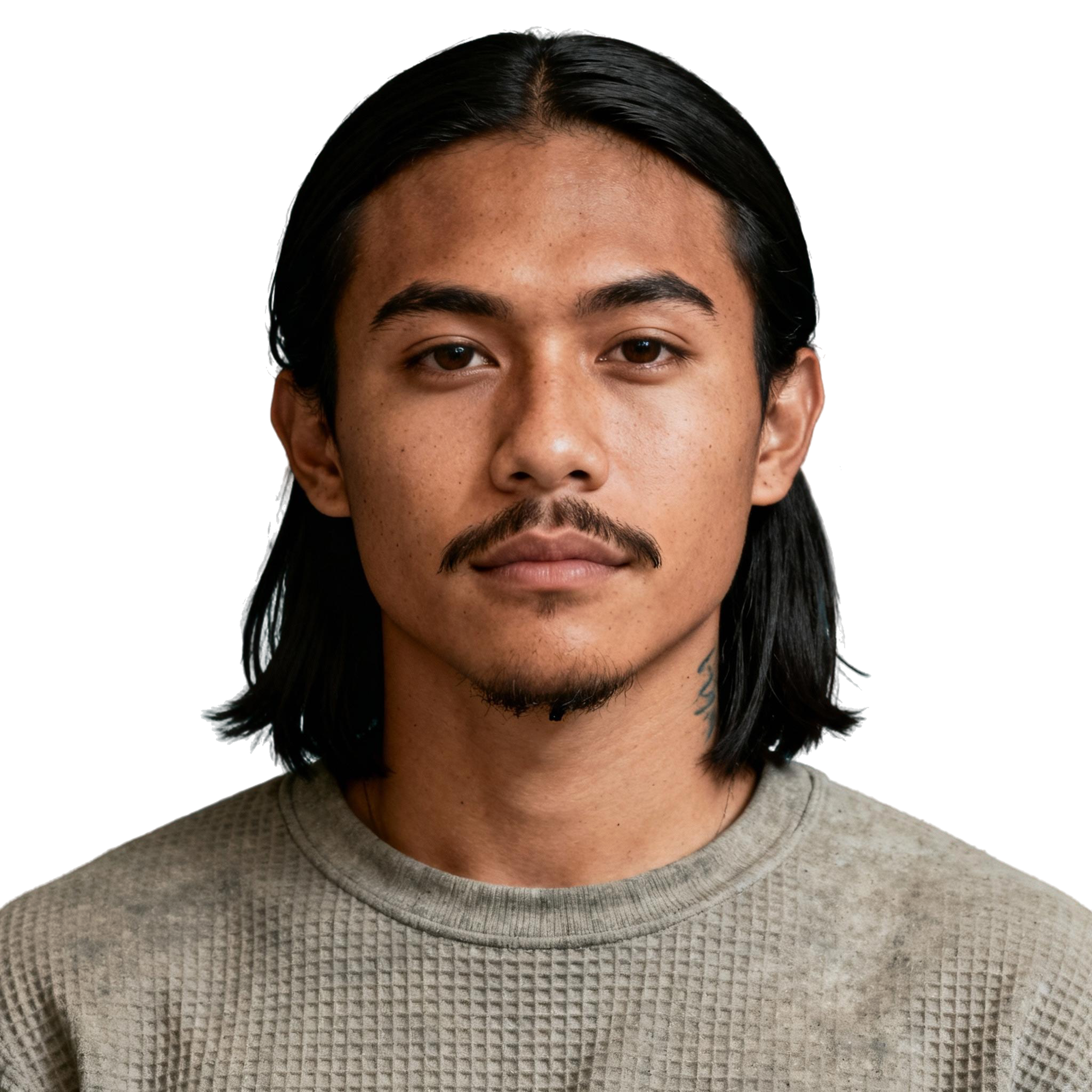 AI-generated portrait of a young man with shoulder-length hair and a faint mustache, wearing a simple knit top, posed with a neutral expression against a transparent background in even light.