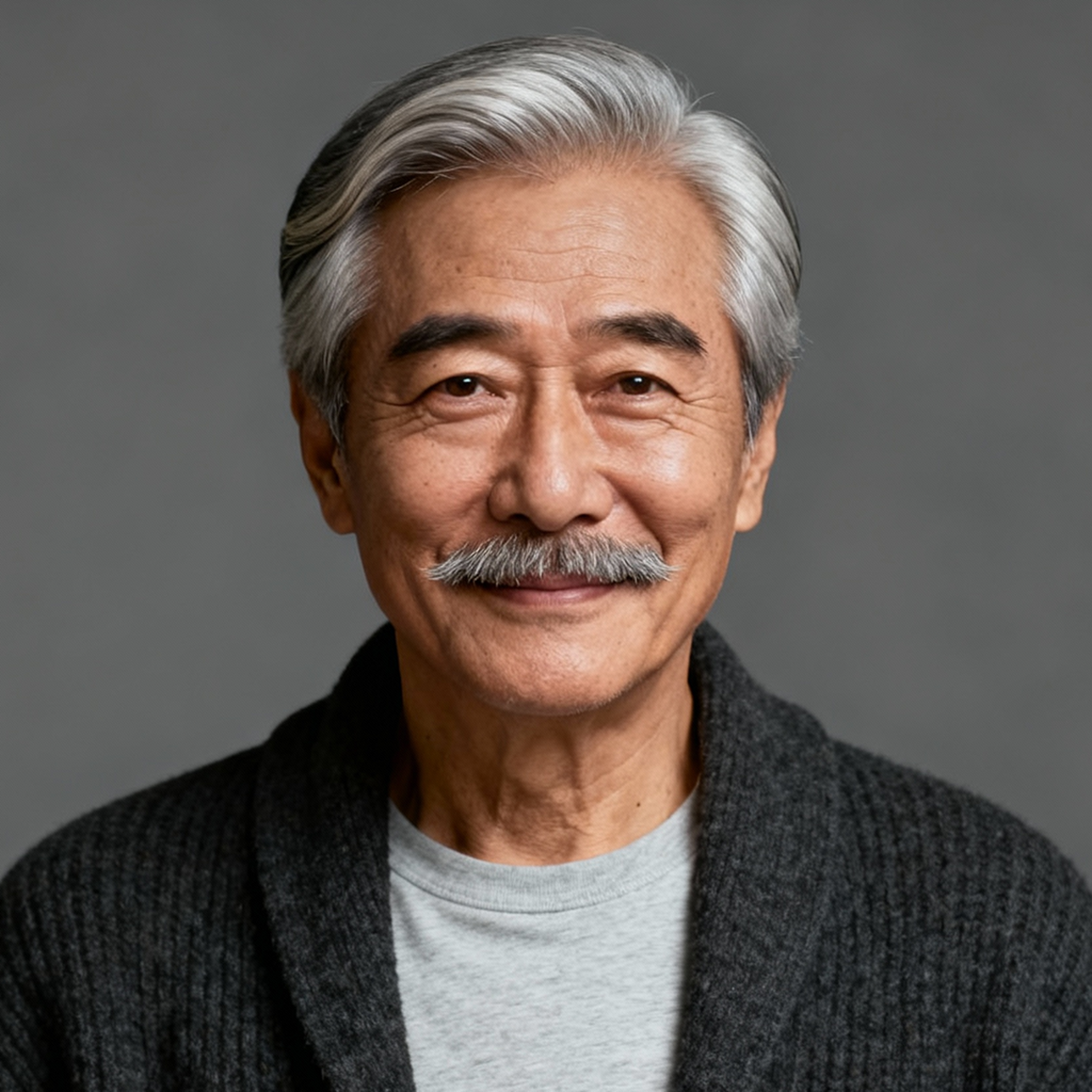 AI-generated portrait of an older man with gray hair and a mustache, wearing a casual sweater, posed with a gentle expression against a neutral gray background in even light.