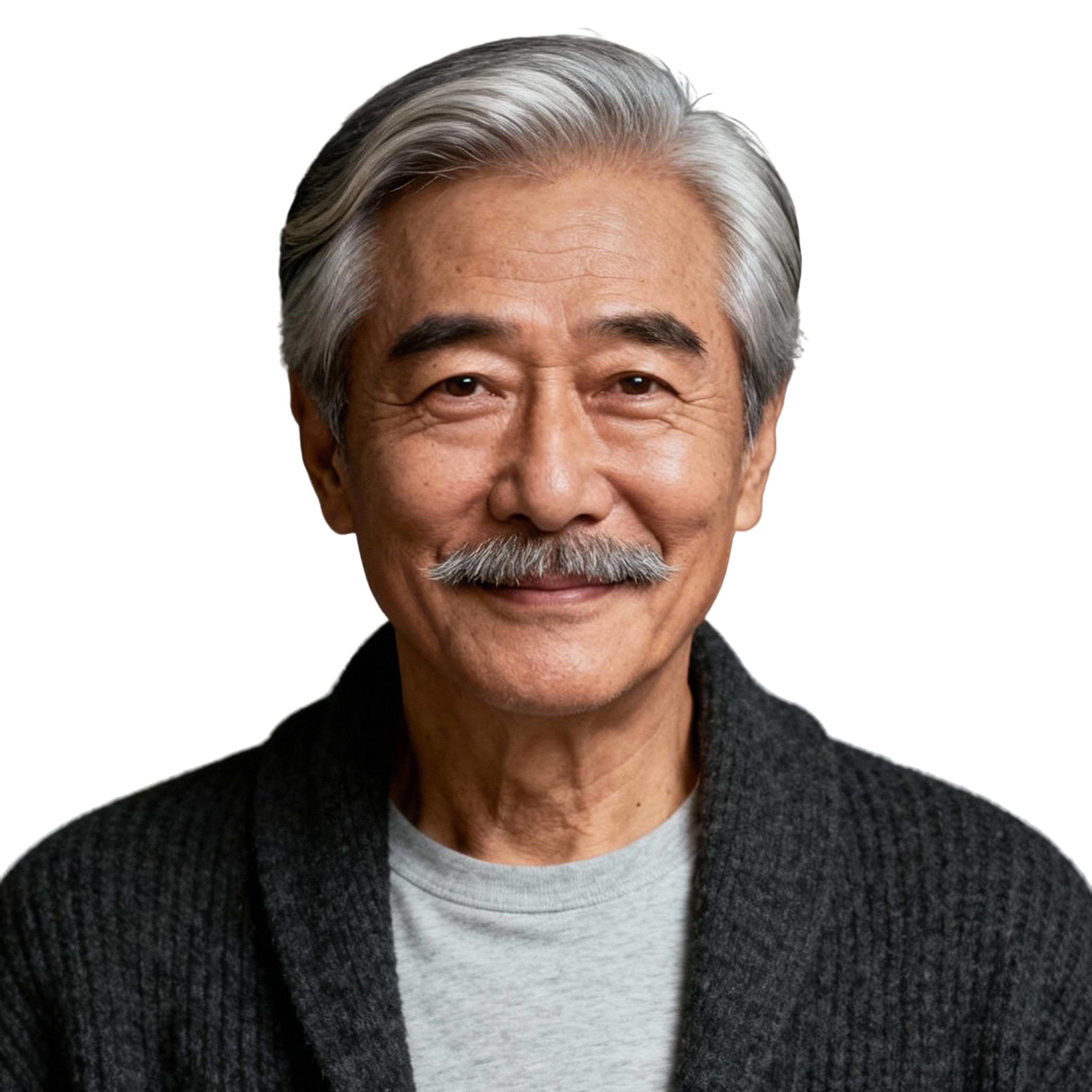 AI-generated portrait of an older man with gray hair and a mustache, wearing a casual sweater, posed with a gentle expression against a transparent background in even light.