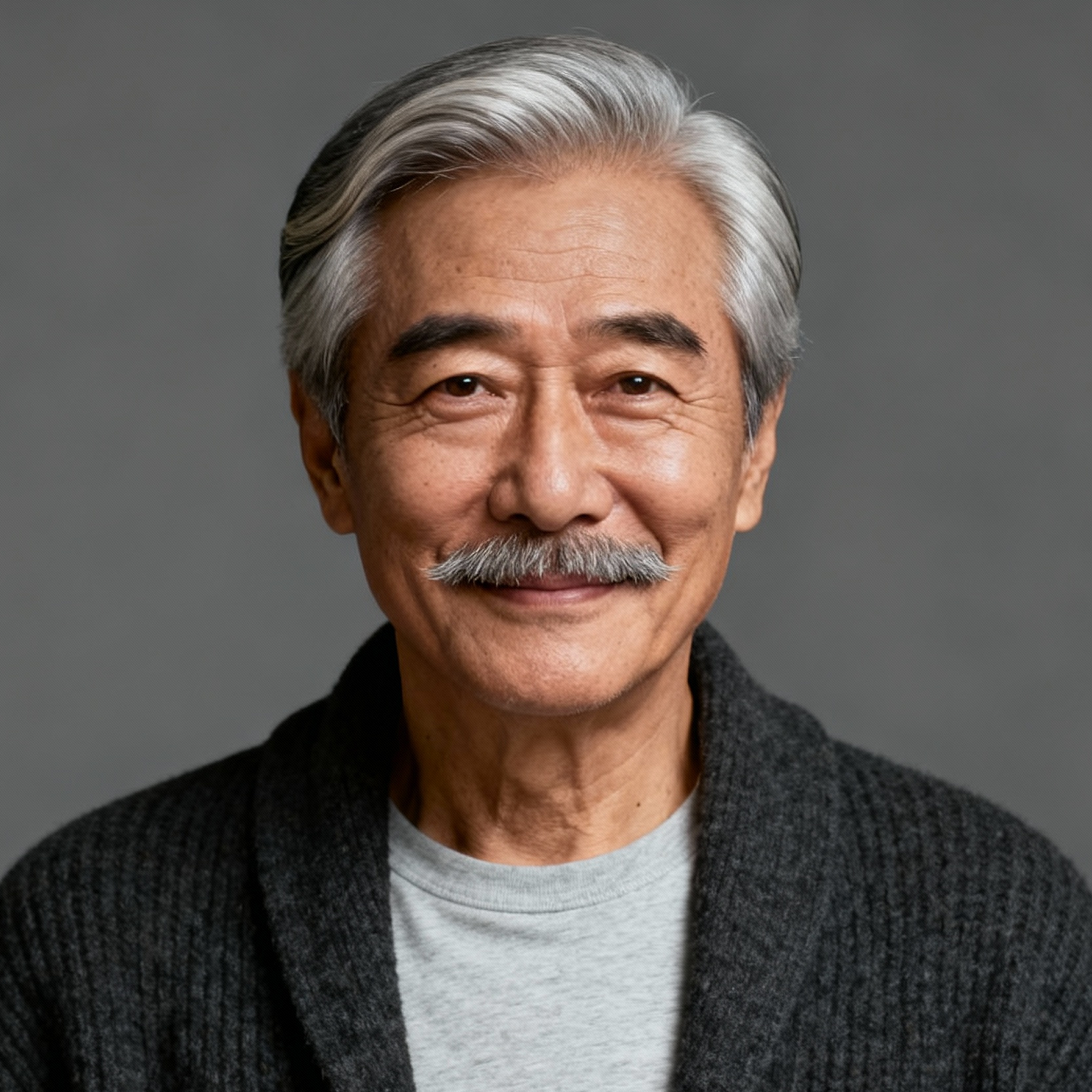 AI-generated portrait of an older man with gray hair and a mustache, wearing a casual sweater, posed with a gentle expression against a neutral gray background in even light.