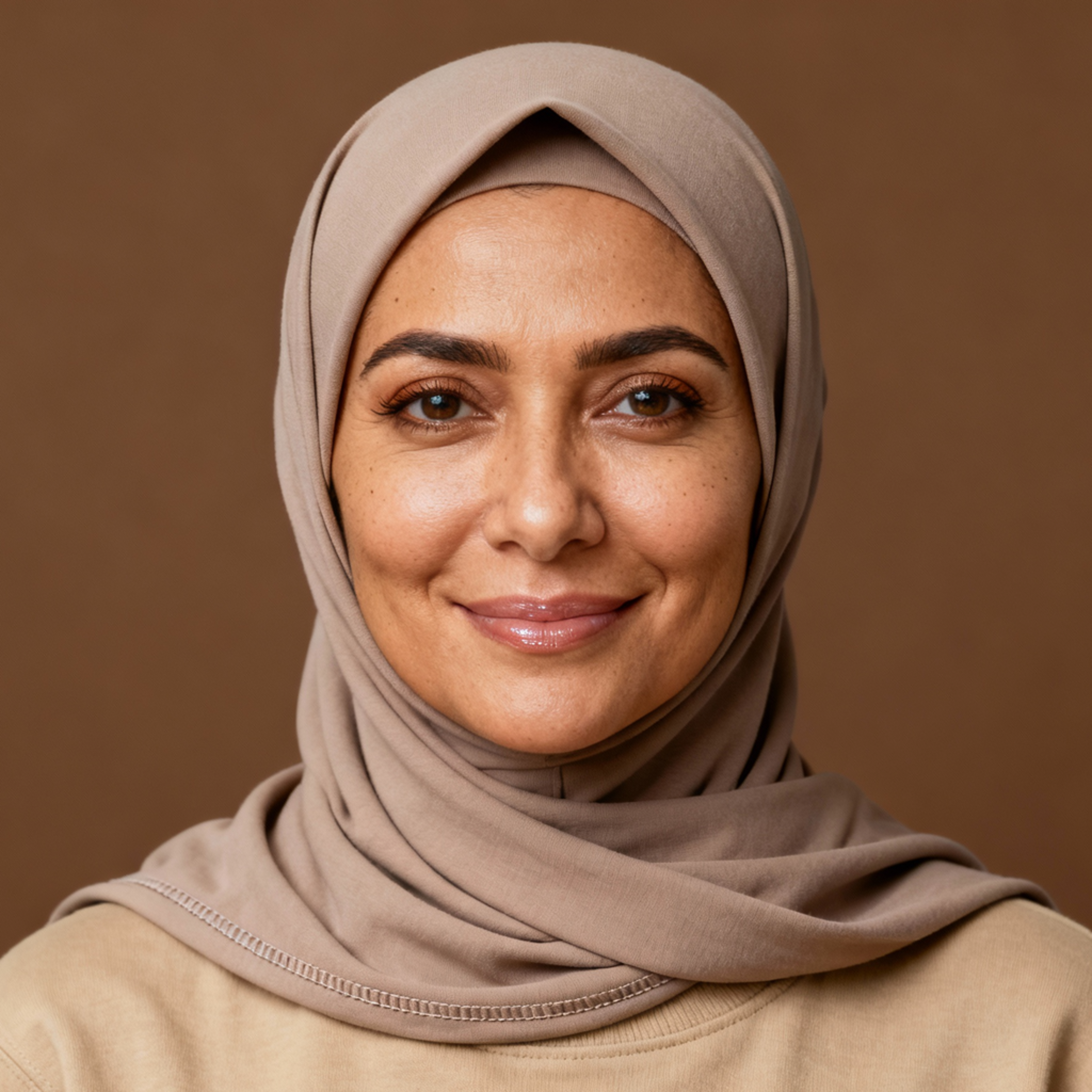 AI-generated portrait of a middle-aged woman wearing a headscarf and simple top, posed with a soft expression against a neutral warm background in even light.