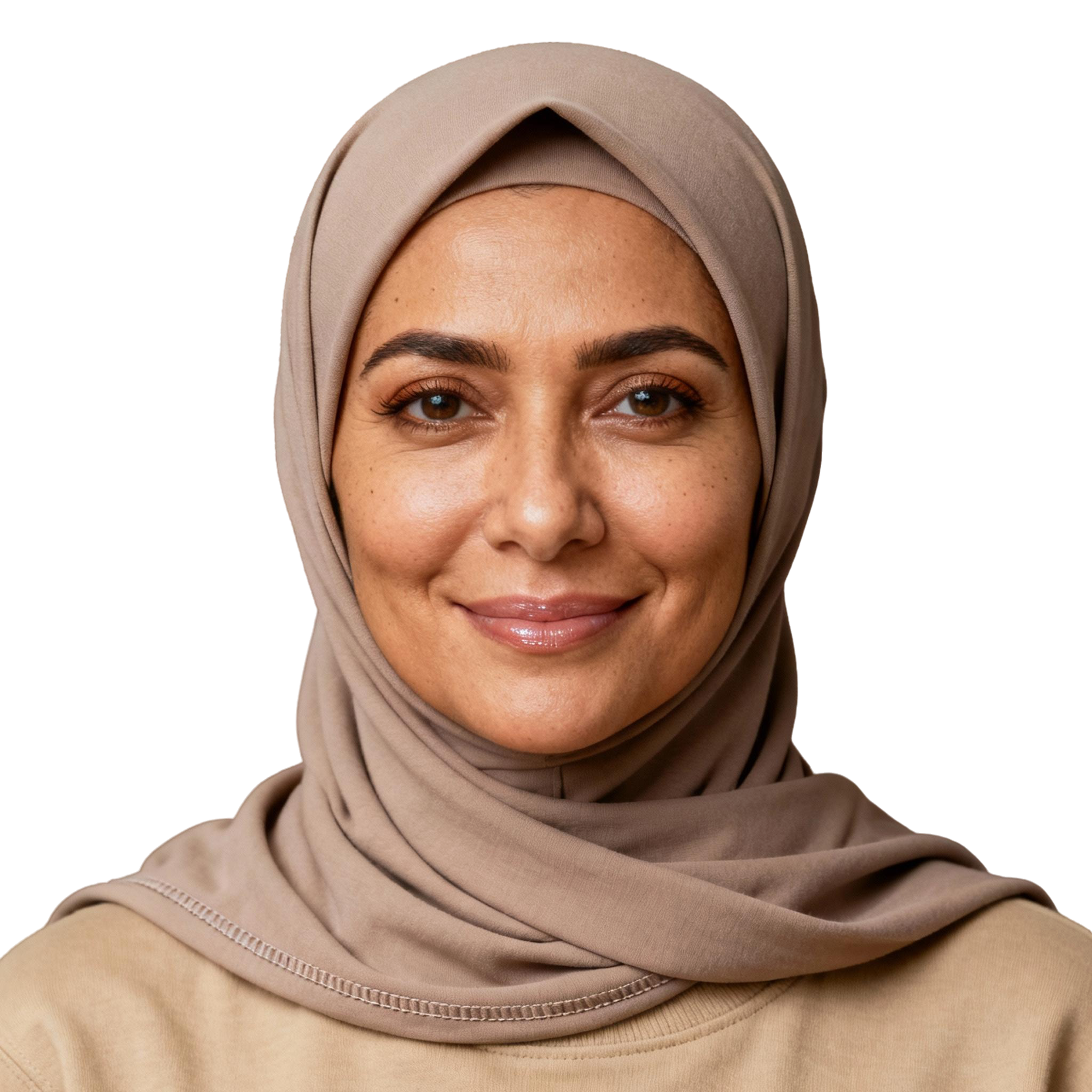 AI-generated portrait of a middle-aged woman wearing a headscarf and simple top, posed with a soft expression against a transparent background in even light.