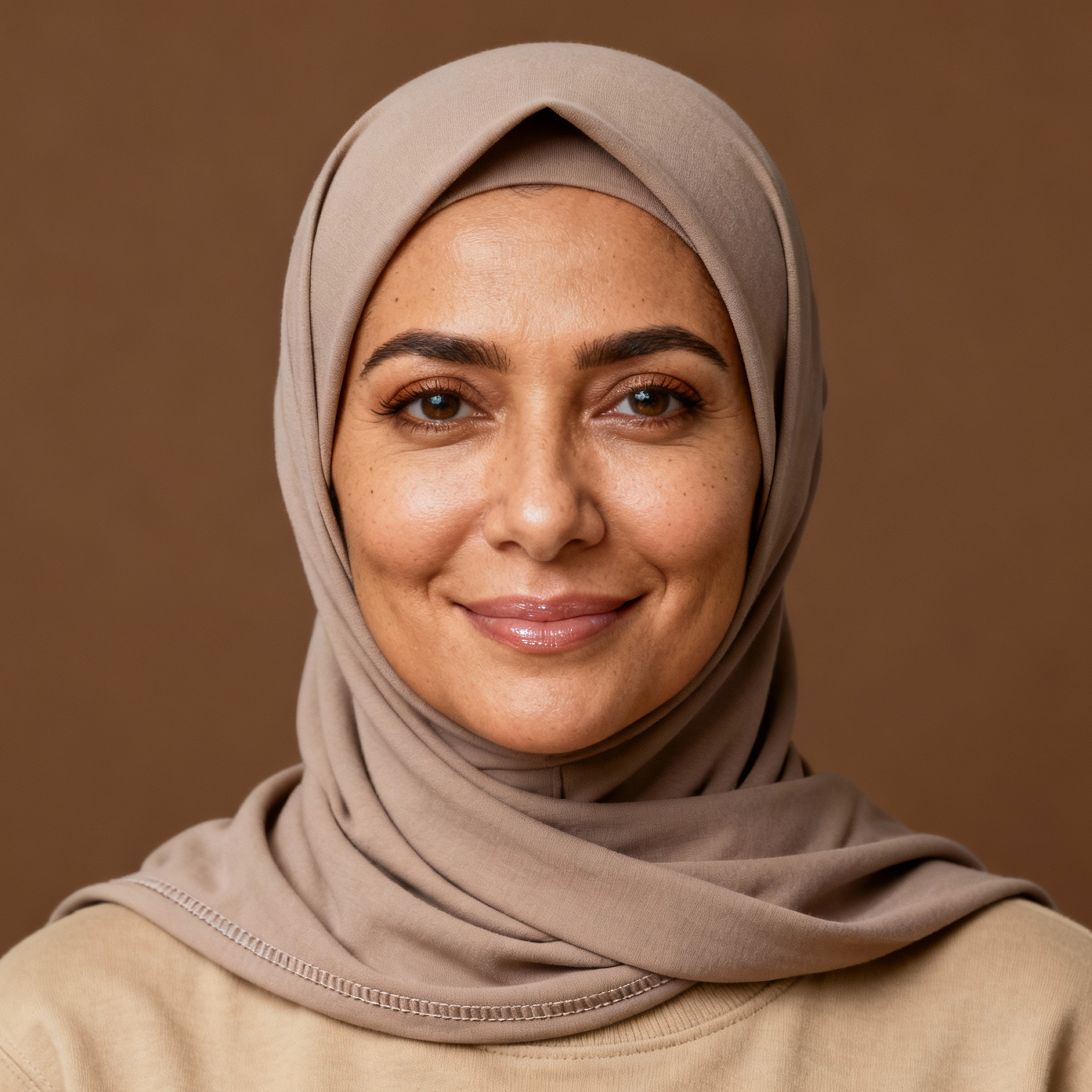 AI-generated portrait of a middle-aged woman wearing a headscarf and simple top, posed with a soft expression against a neutral warm background in even light.