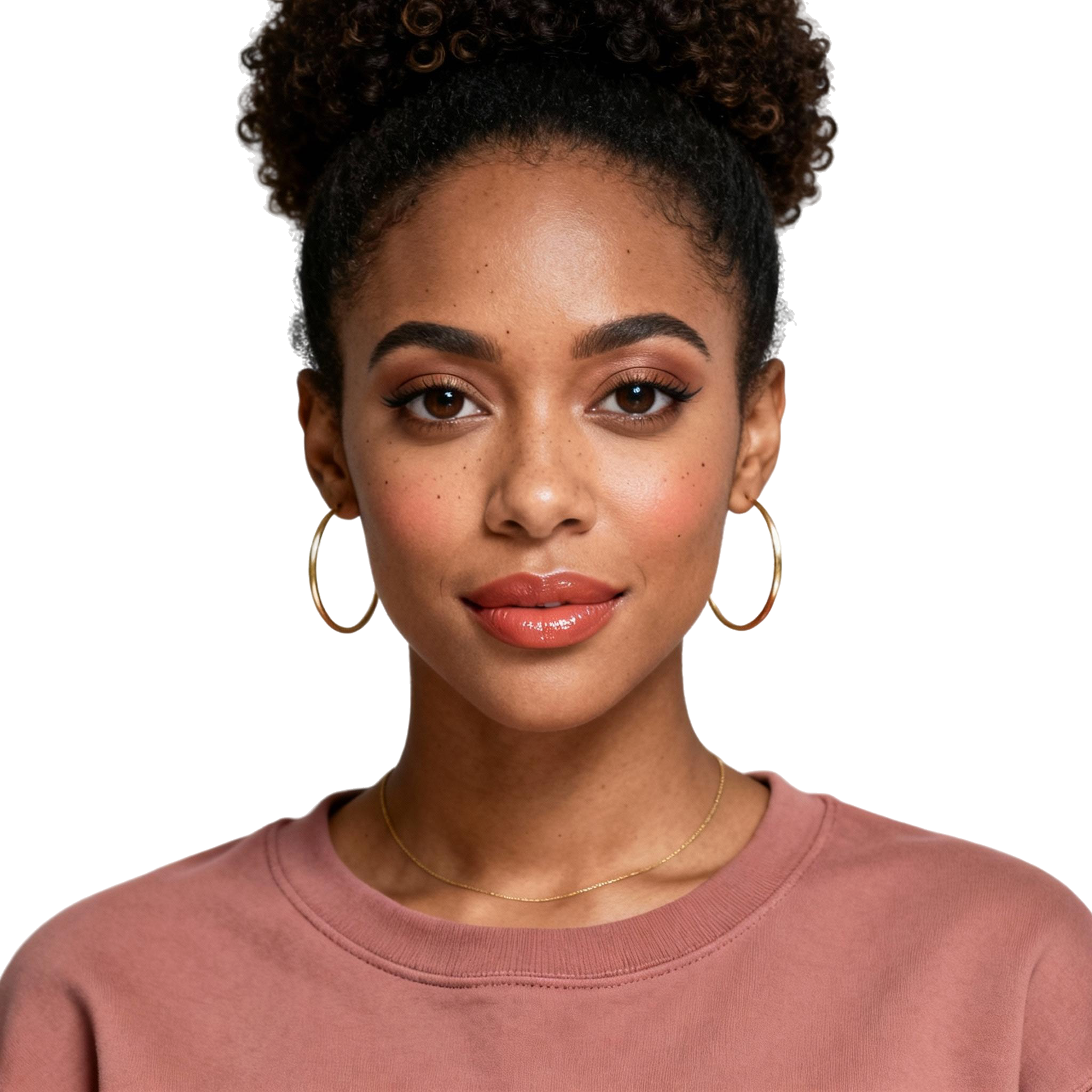 AI-generated portrait of a young woman with curly hair pulled back, wearing a puce colored shirt and gold earrings, posed with a neutral expression against a transparent background in even light.