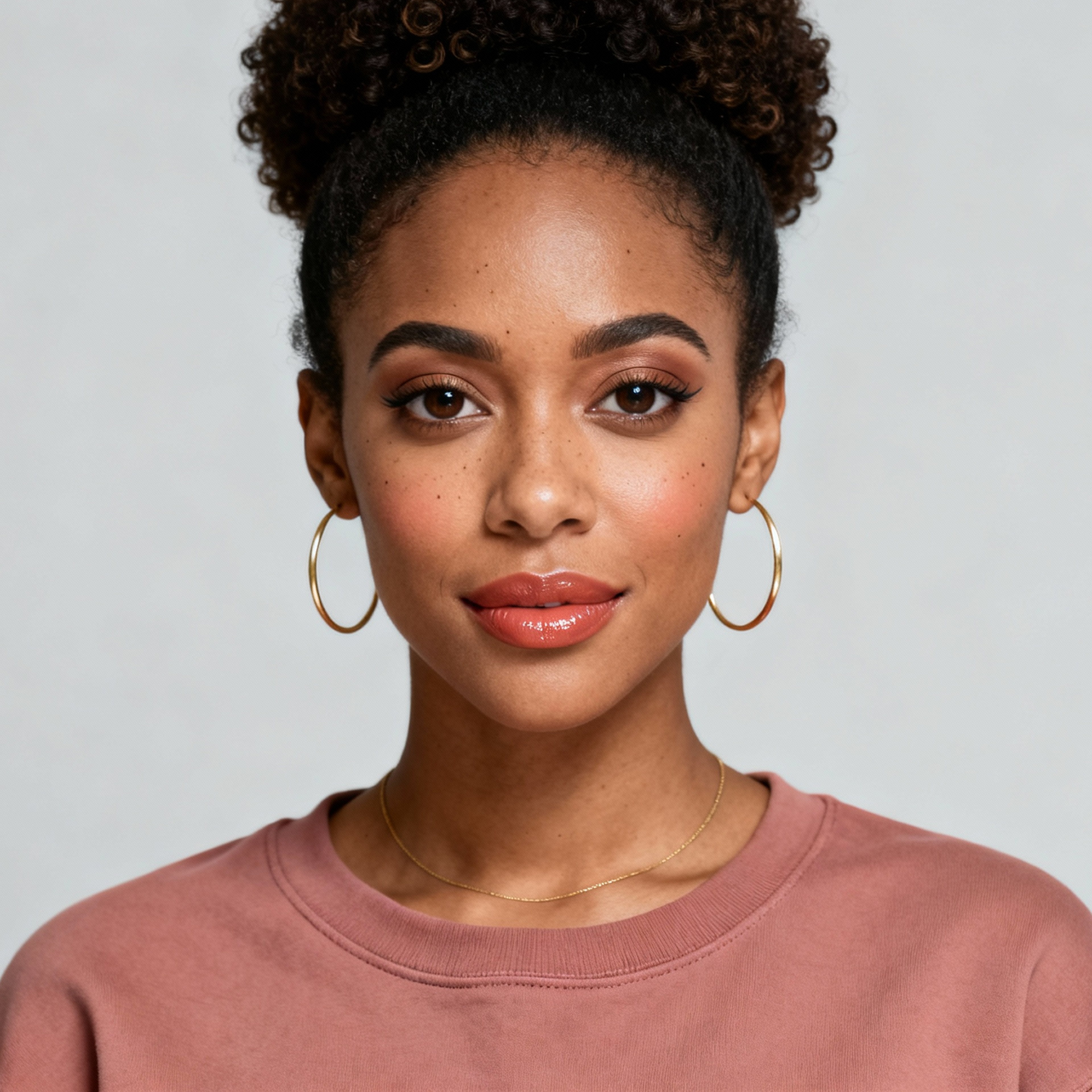 AI-generated portrait of a young woman with curly hair pulled back, wearing a puce colored shirt and gold earrings, posed with a neutral expression against a soft gray background in even light.