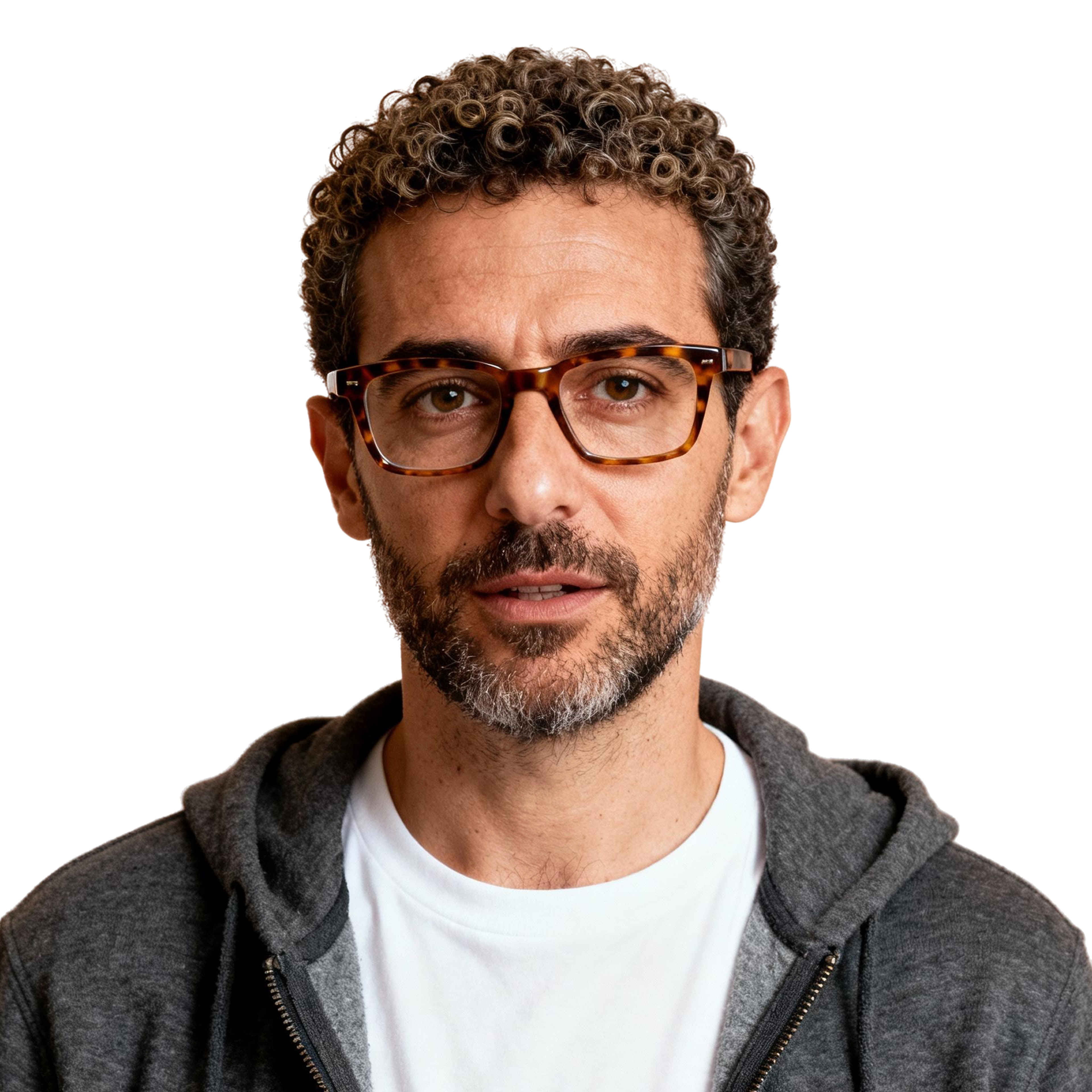 AI-generated portrait of a middle-aged man with curly hair, a beard, and glasses, wearing a hoodie over a t-shirt, posed with a relaxed expression against a transparent background in even light.