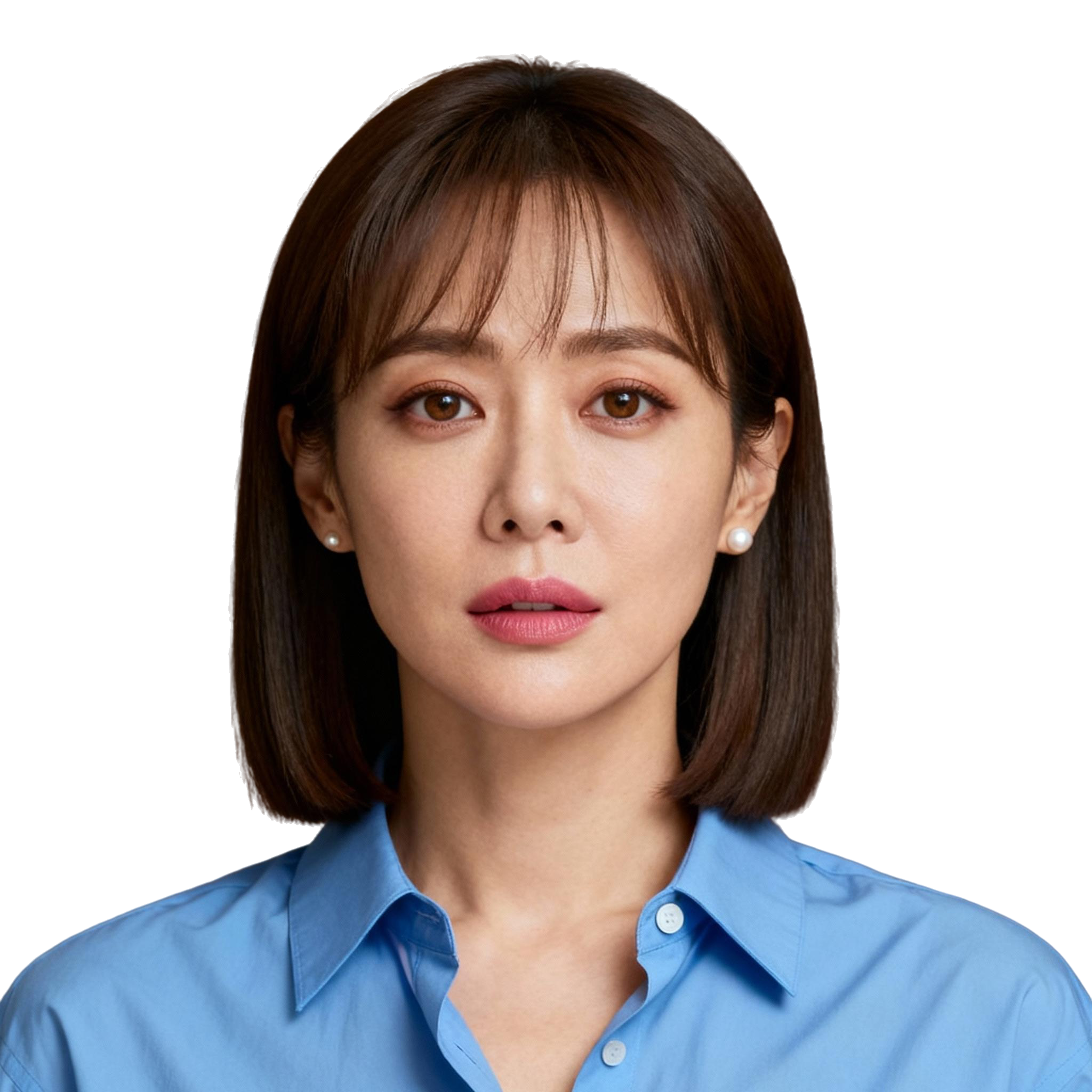 AI-generated portrait of a young woman with shoulder-length hair, wearing a light blouse, posed with a calm expression against a transparent background in even light.