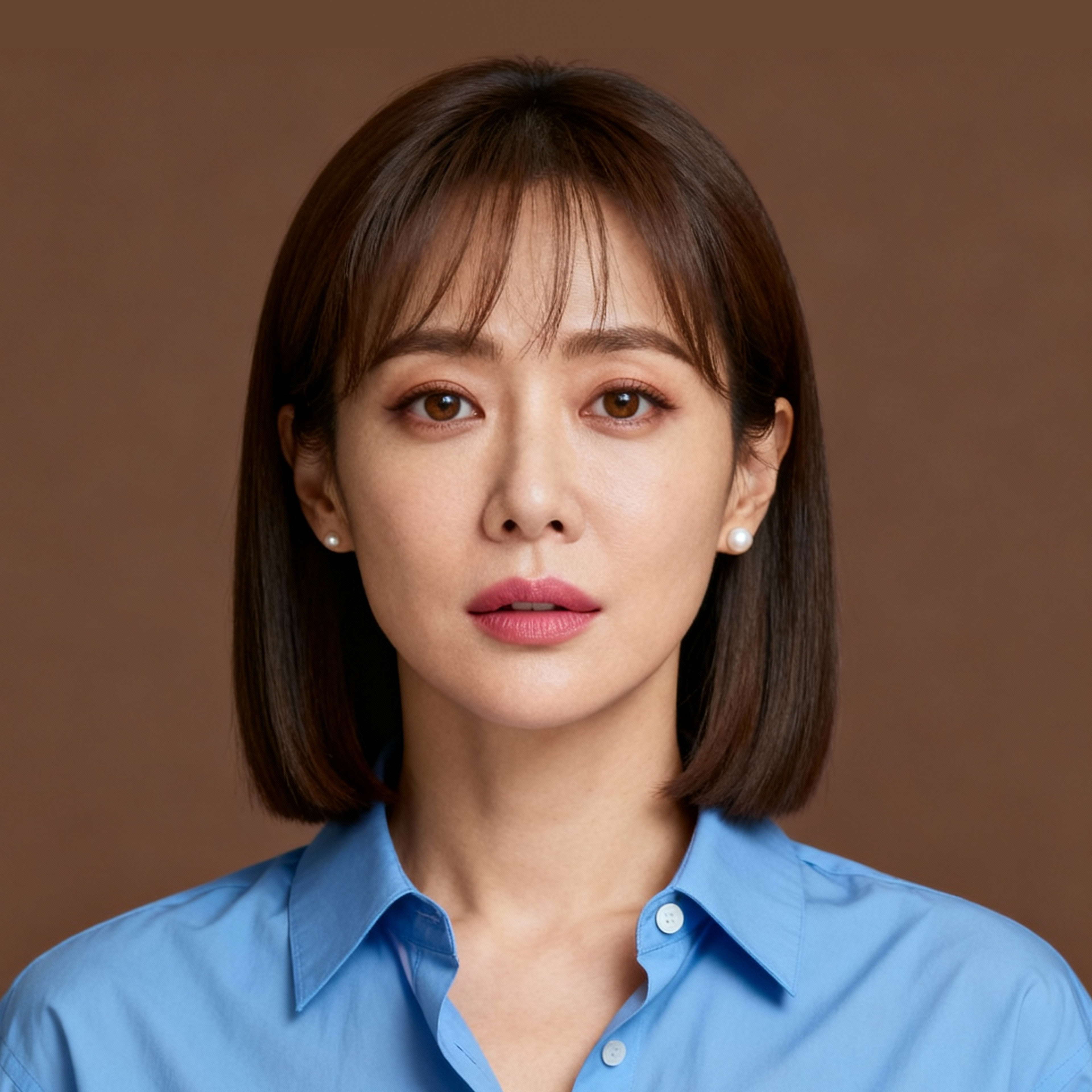 AI-generated portrait of a young woman with shoulder-length hair, wearing a light blouse, posed with a calm expression against a warm background in even light.