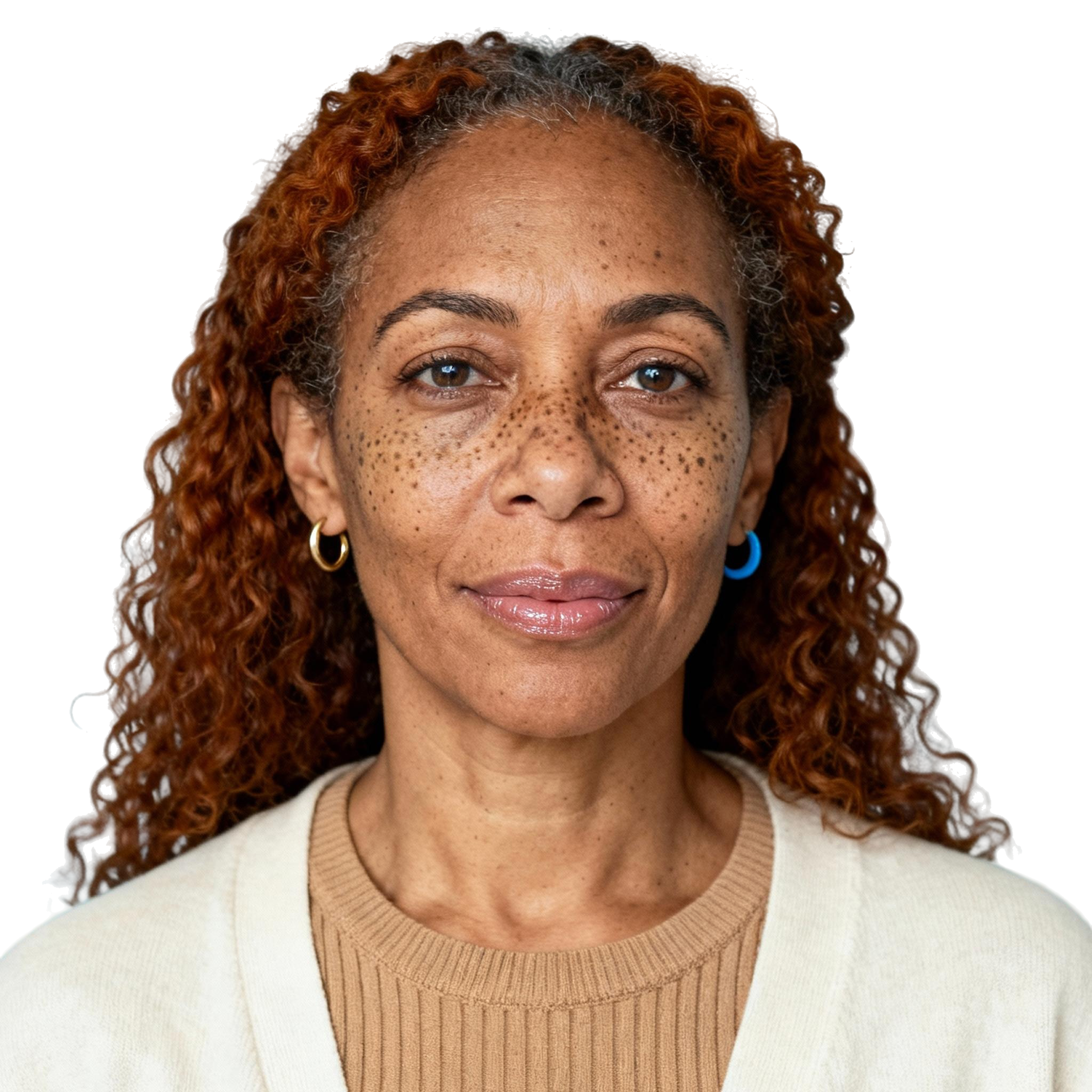 AI-generated portrait of a middle-aged woman with curly hair and freckles, wearing a simple top, posed with a neutral expression against a transparent background in even light.