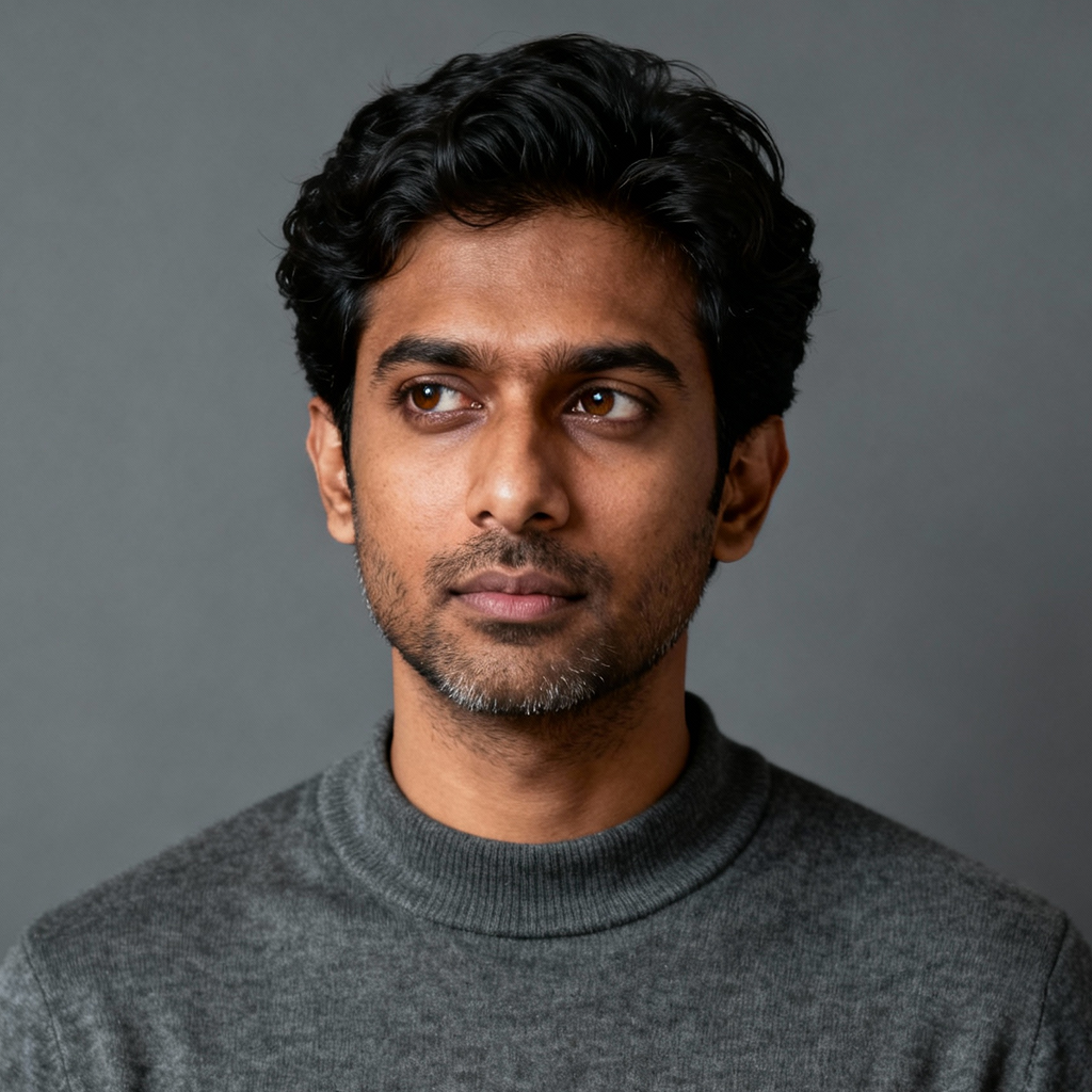 AI-generated portrait of a young man with short curly hair and light stubble, wearing a simple knit top, posed with a calm expression against a slate-toned background in soft moody light.