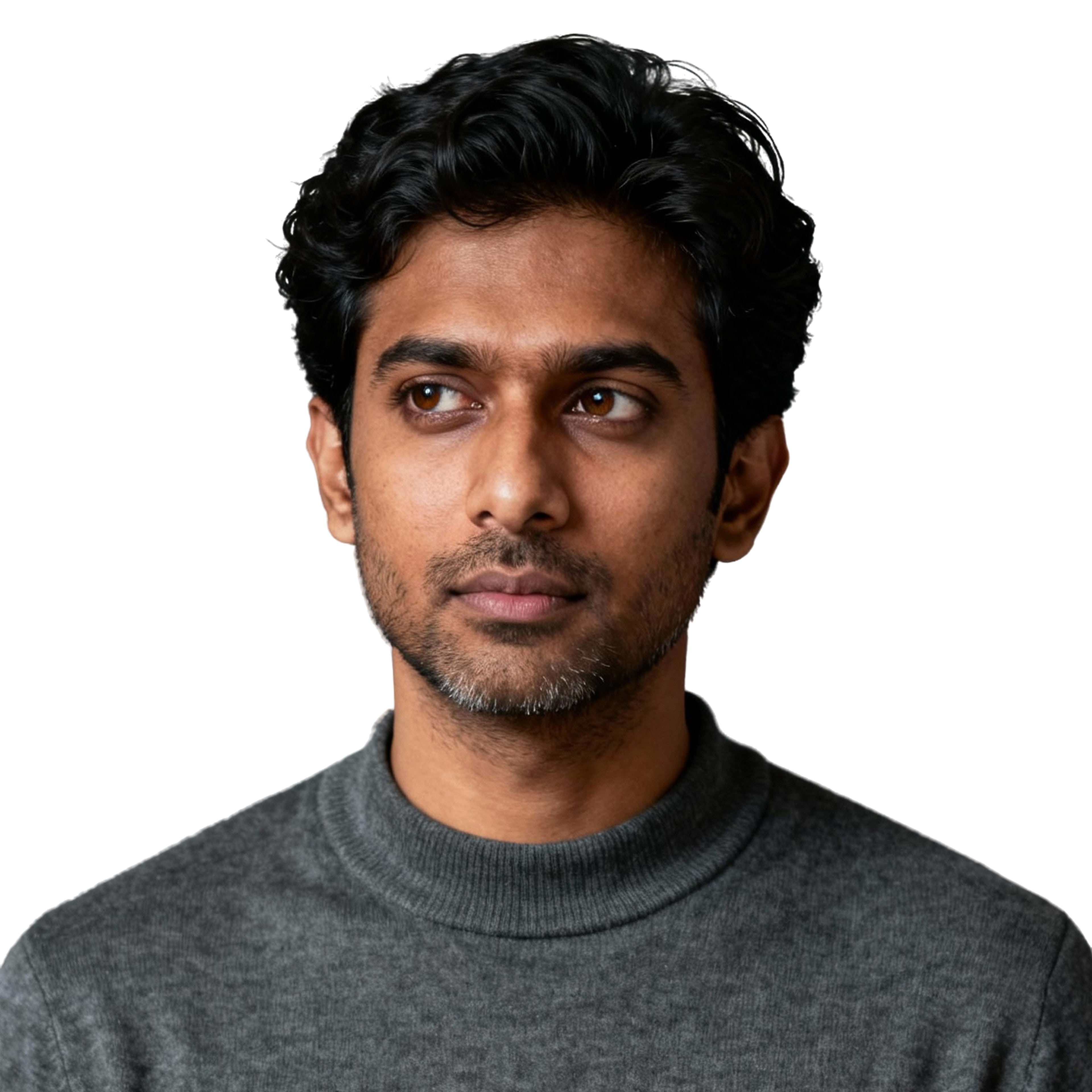 AI-generated portrait of a young man with short curly hair and light stubble, wearing a simple knit top, posed with a calm expression against a transparent background in soft moody light.