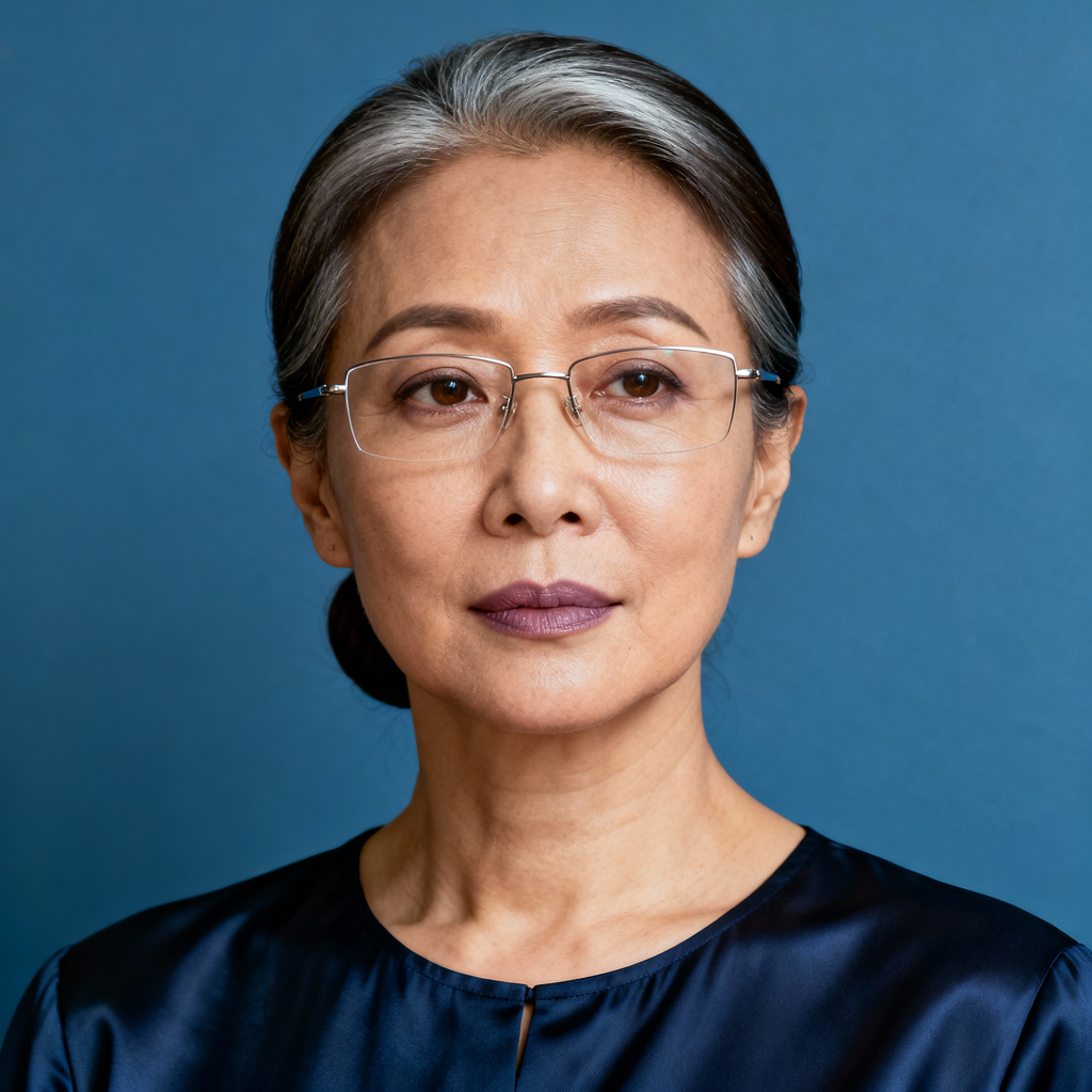 AI-generated portrait of a middle-aged woman with gray hair pulled back and glasses, wearing a minimal blouse, posed with a composed expression against a cool blue background in low-contrast light.