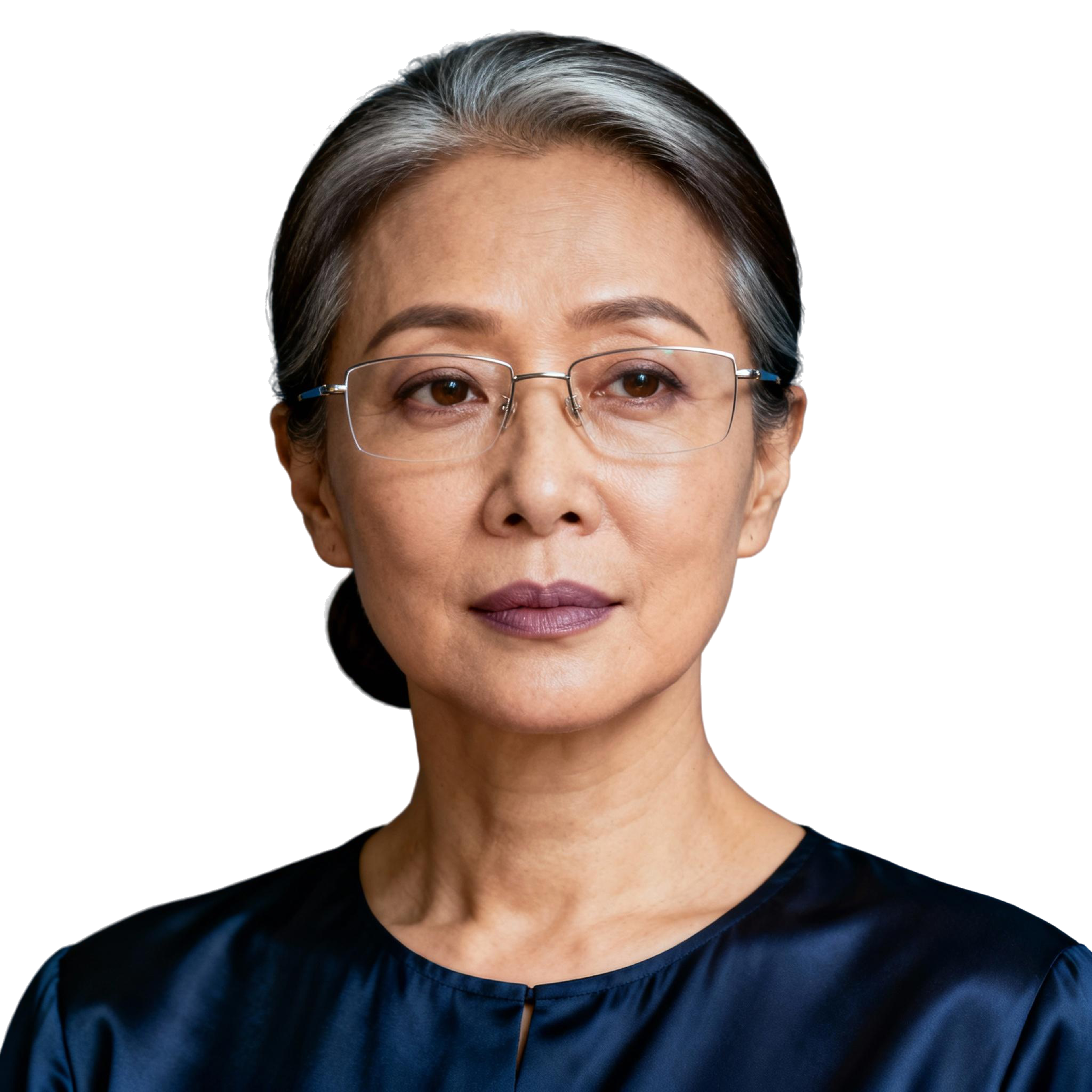 AI-generated portrait of a middle-aged woman with gray hair pulled back and glasses, wearing a minimal blouse, posed with a composed expression against a transparent background in low-contrast light.