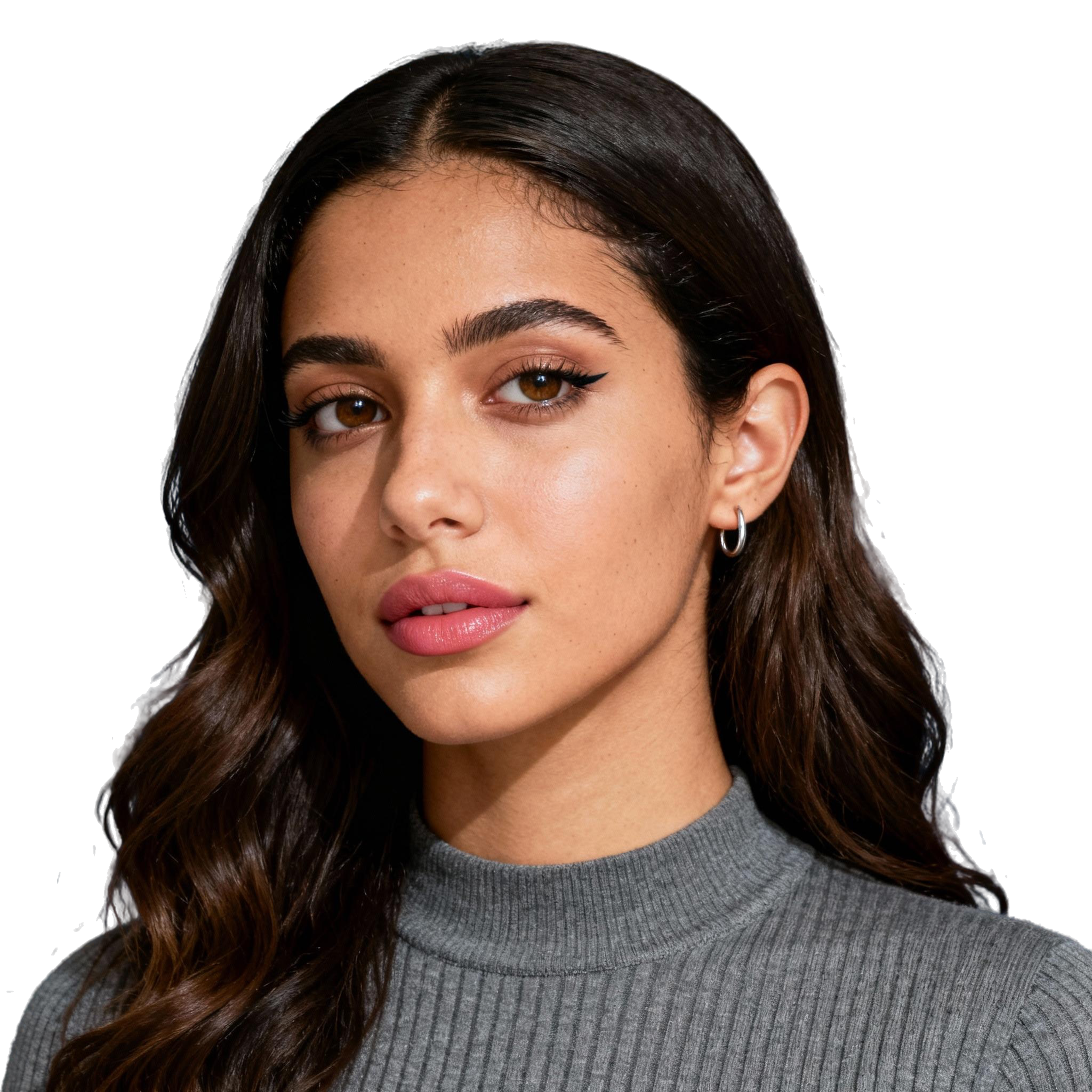 AI-generated portrait of a young woman with long dark hair and defined brows, wearing a simple knit top, posed with a neutral expression against a transparent background in soft moody light.