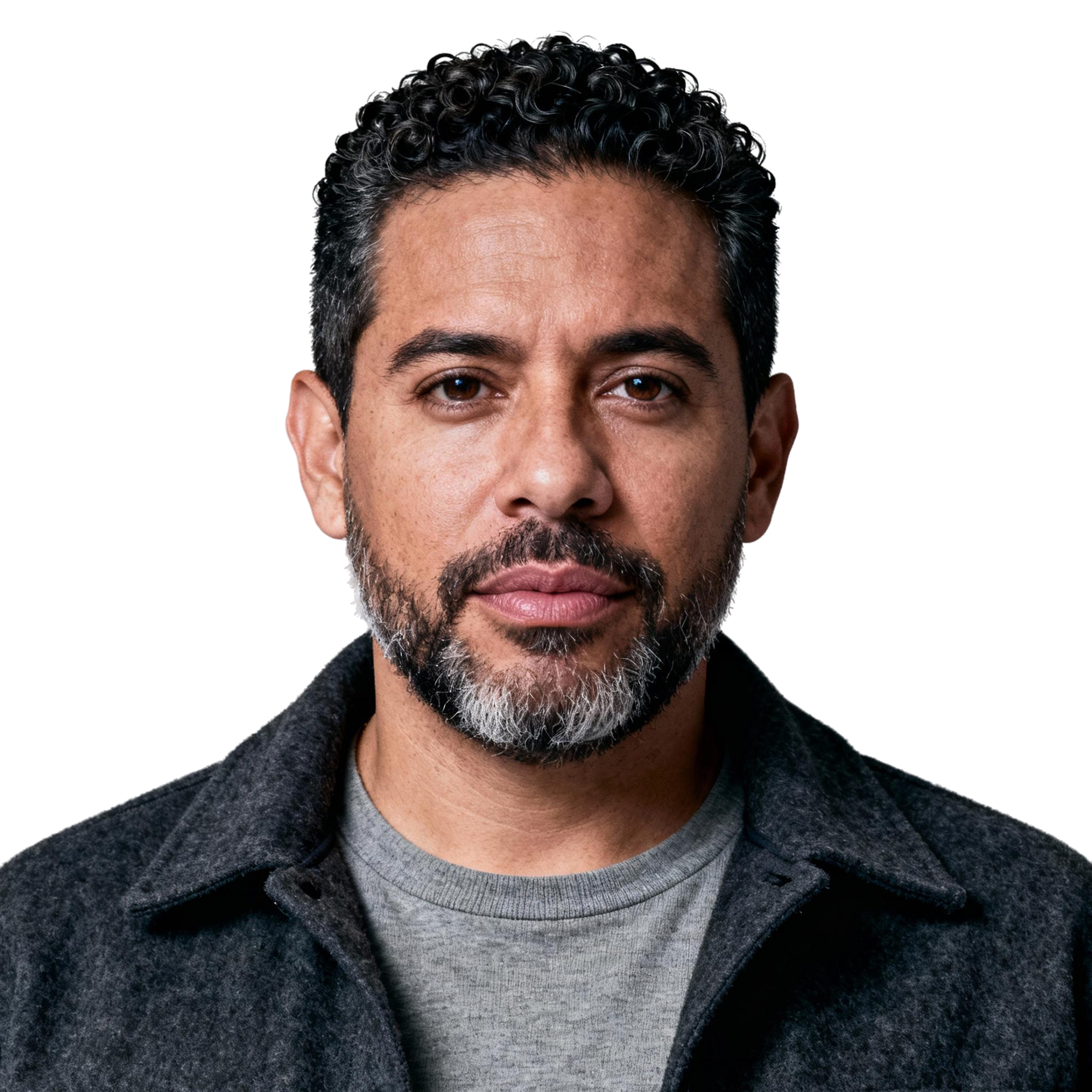 AI-generated portrait of a middle-aged man with short hair and a trimmed beard, wearing a dark jacket, posed with a serious expression against a transparent background in soft moody light.