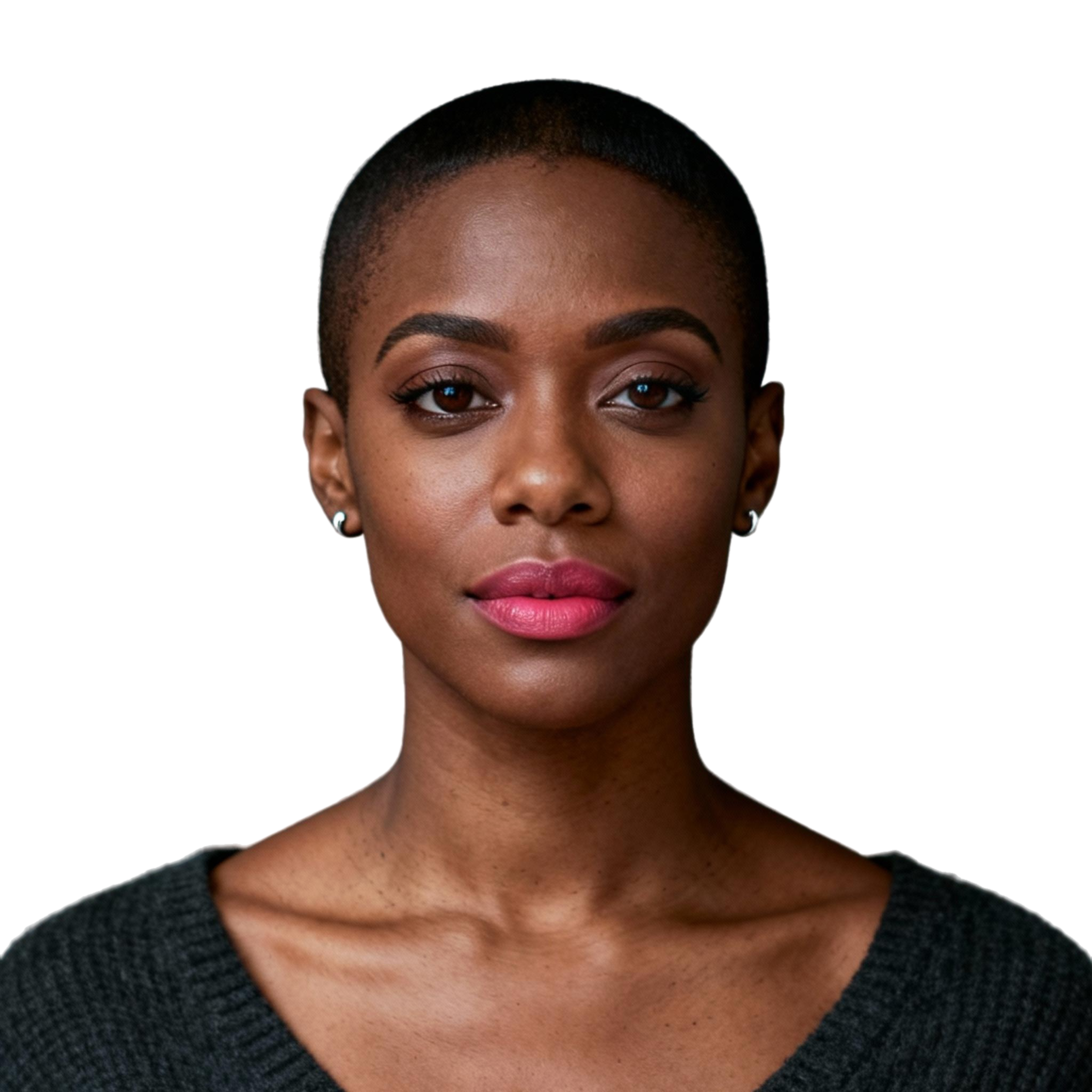AI-generated portrait of a young woman with closely cropped hair and defined features, wearing a simple top, posed with a steady expression against a transparent background in soft moody light.