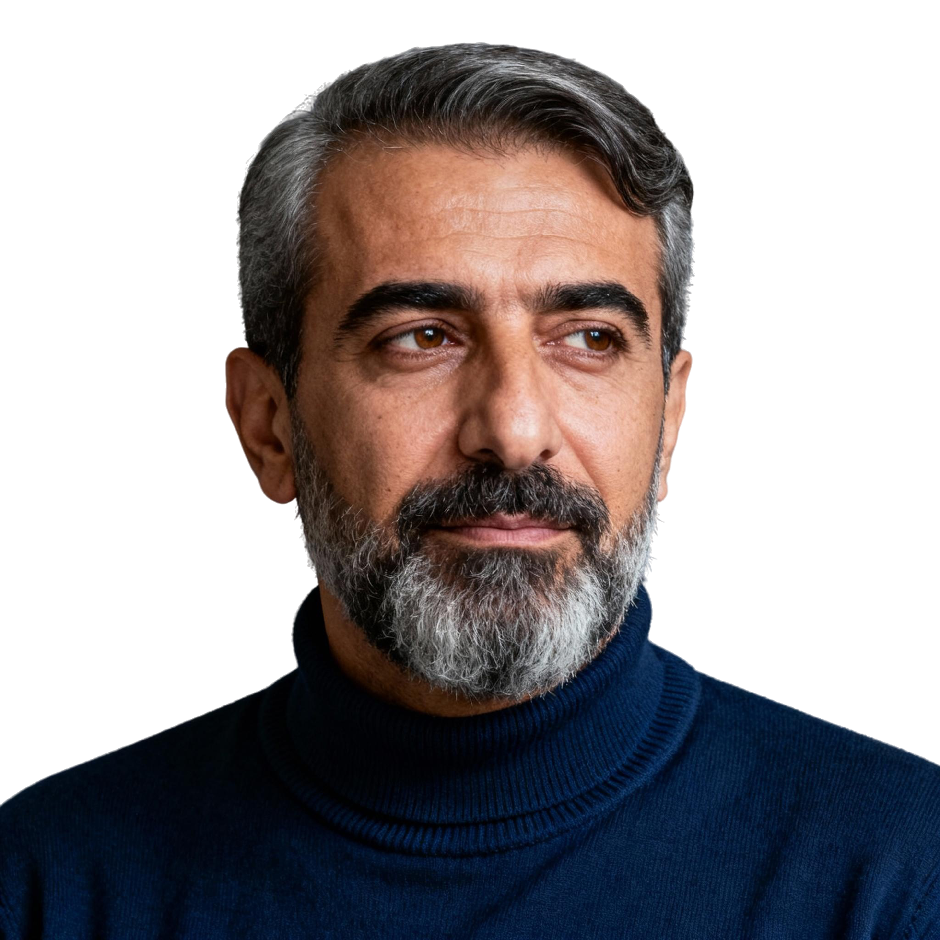 AI-generated portrait of a middle-aged man with salt-and-pepper hair and a full beard, wearing a dark knit top, posed with a calm expression against a transparent background in soft moody light.