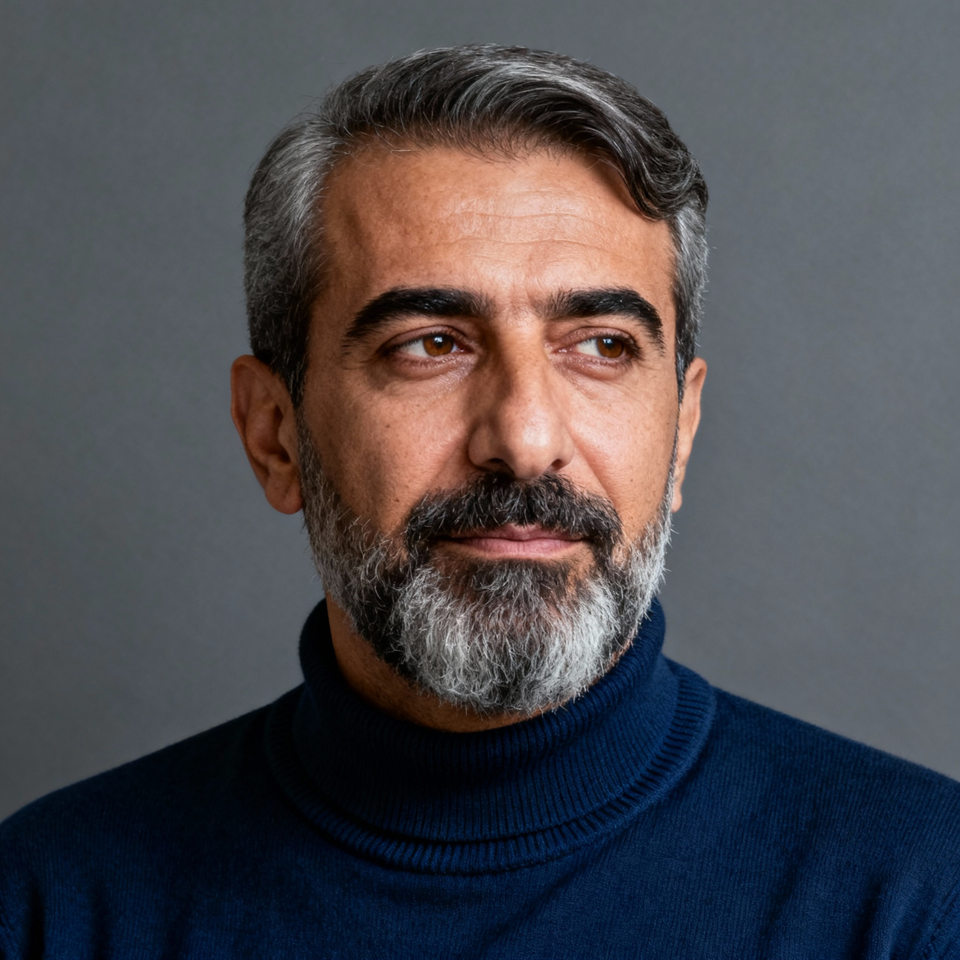 AI-generated portrait of a middle-aged man with salt-and-pepper hair and a full beard, wearing a dark knit top, posed with a calm expression against a navy-toned background in soft moody light.