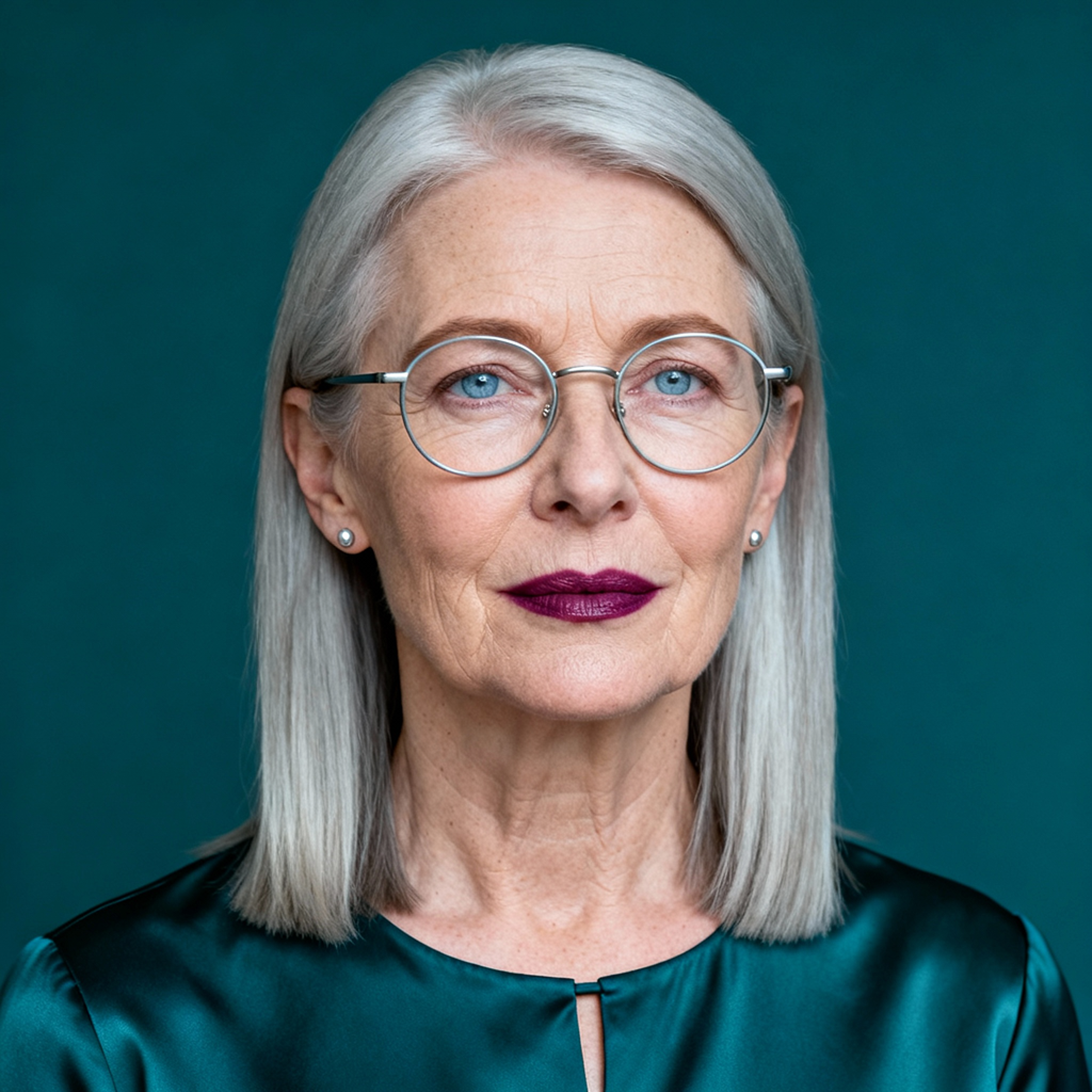 AI-generated portrait of a middle-aged woman with straight gray hair and glasses, wearing a simple blouse, posed with a neutral expression against a cool teal background in soft moody light.