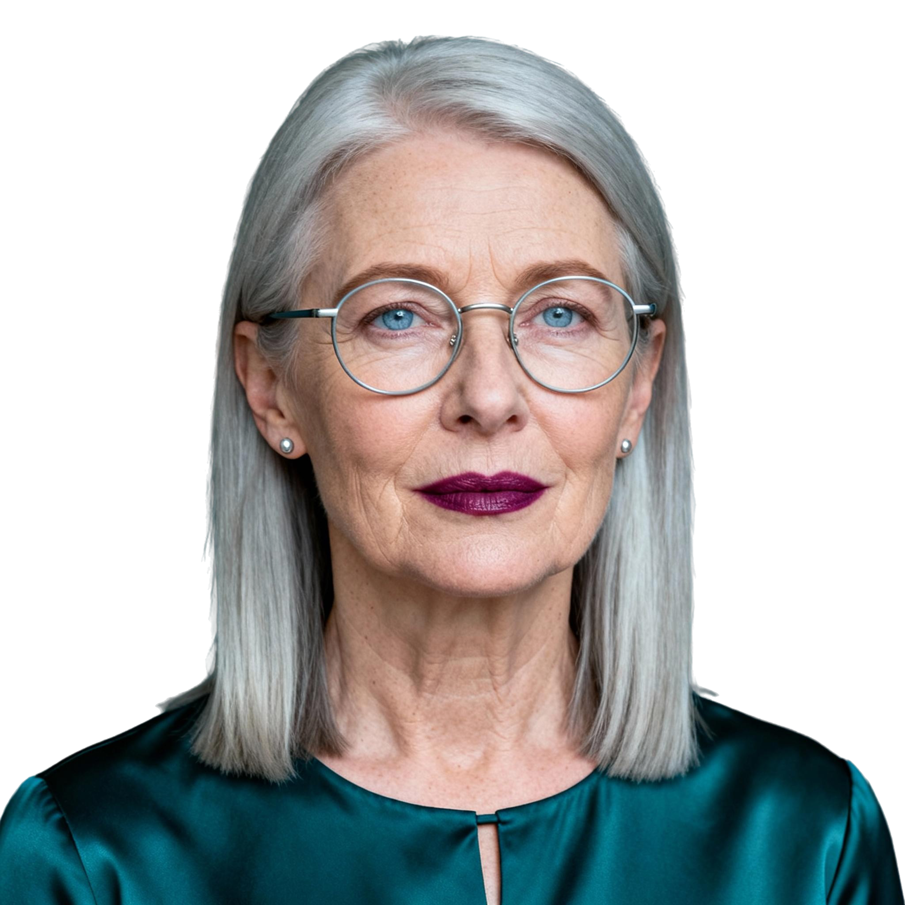 AI-generated portrait of a middle-aged woman with straight gray hair and glasses, wearing a simple blouse, posed with a neutral expression against a transparent background in soft moody light.