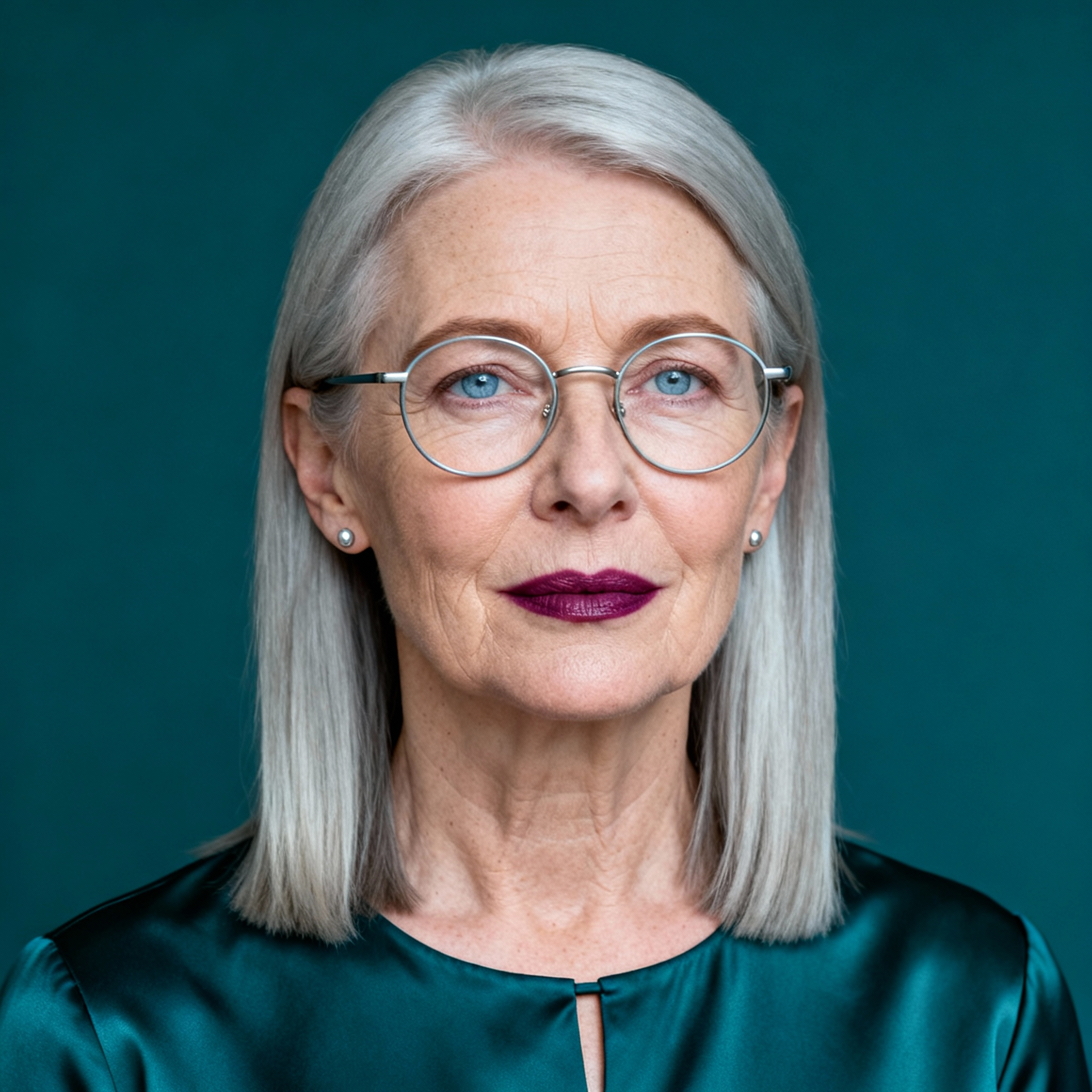 AI-generated portrait of a middle-aged woman with straight gray hair and glasses, wearing a simple blouse, posed with a neutral expression against a cool teal background in soft moody light.