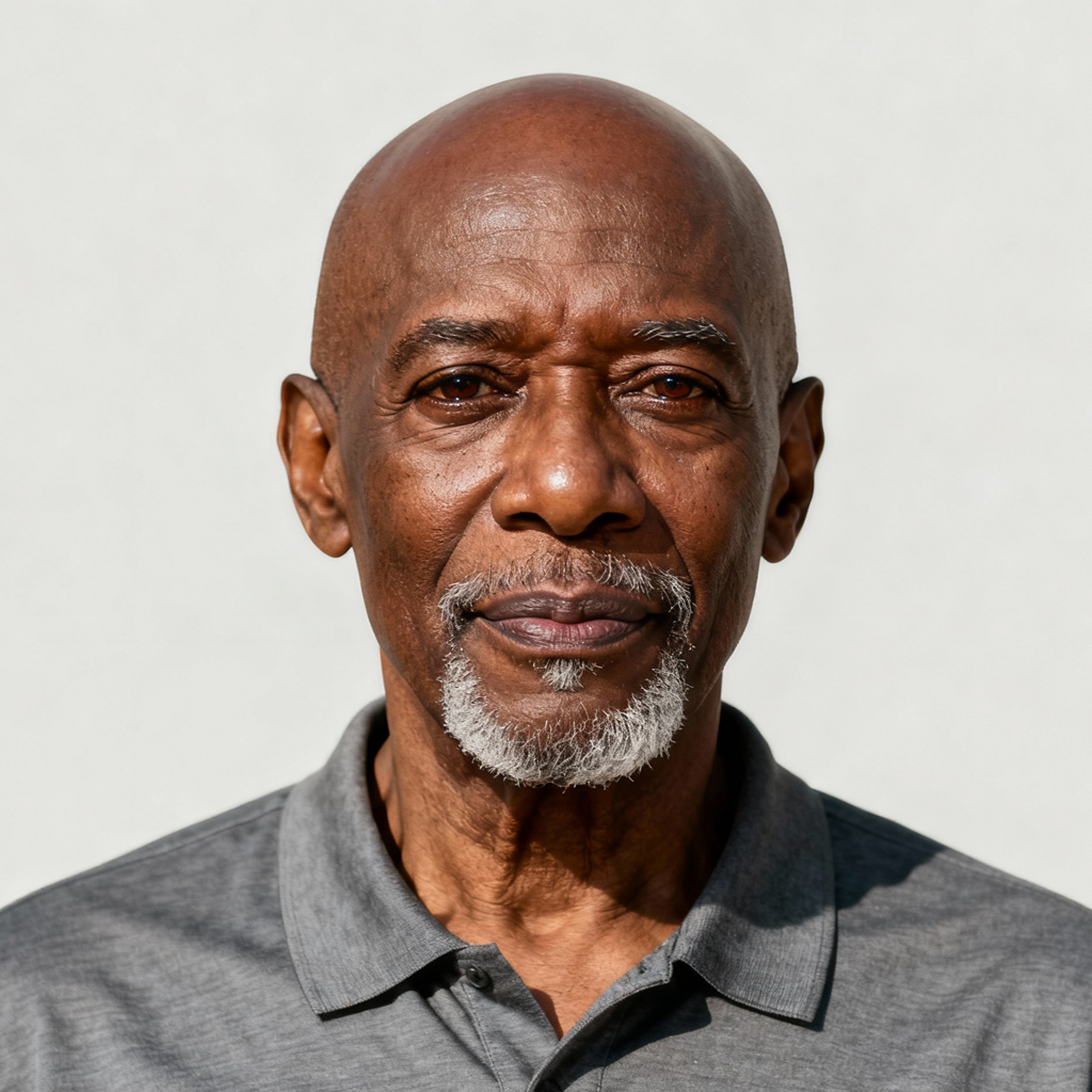 AI-generated portrait of an older man with short gray hair and defined features, wearing a simple shirt, posed with a calm expression against a slate background in soft moody light.