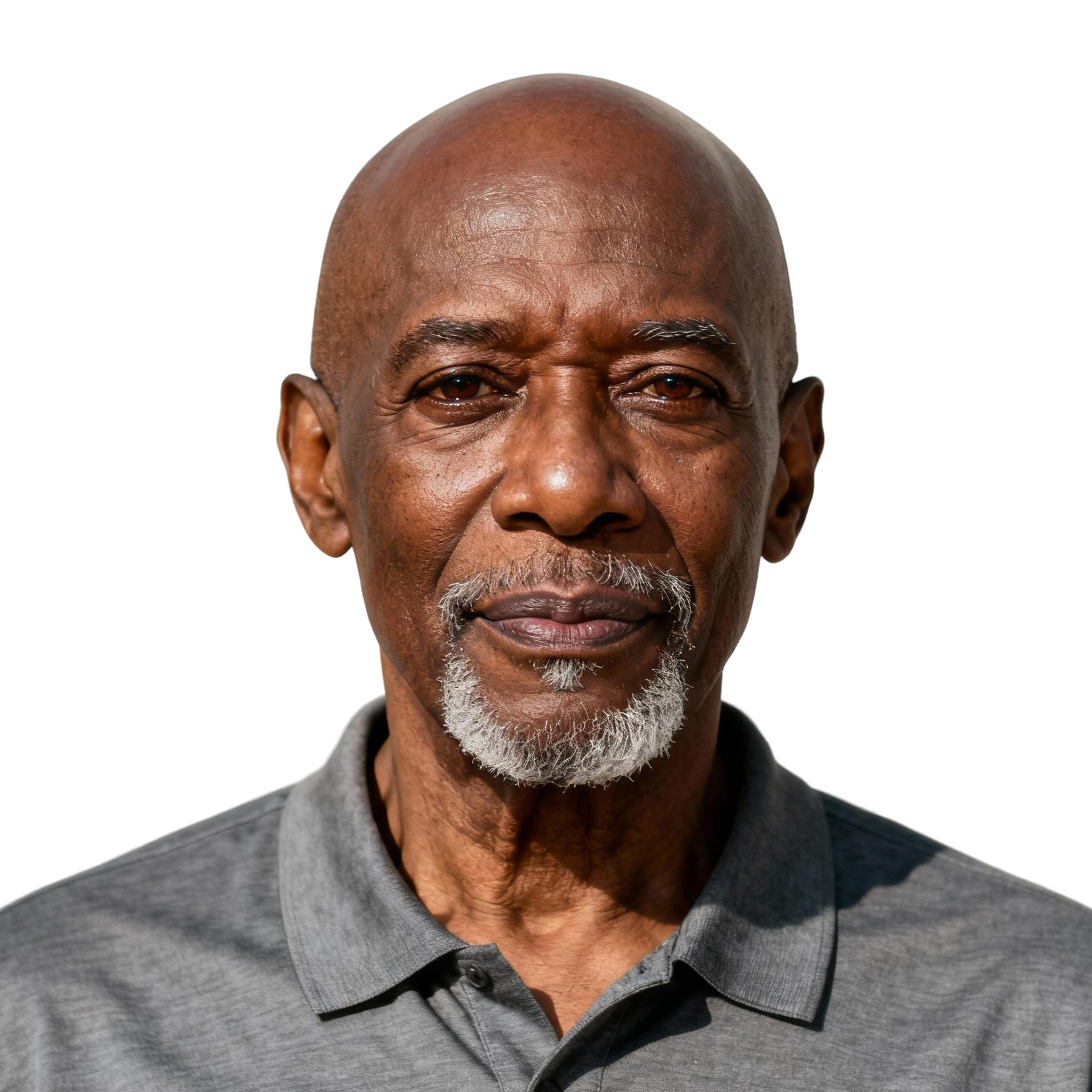 AI-generated portrait of an older man with short gray hair and defined features, wearing a simple shirt, posed with a calm expression against a transparent background in soft moody light.