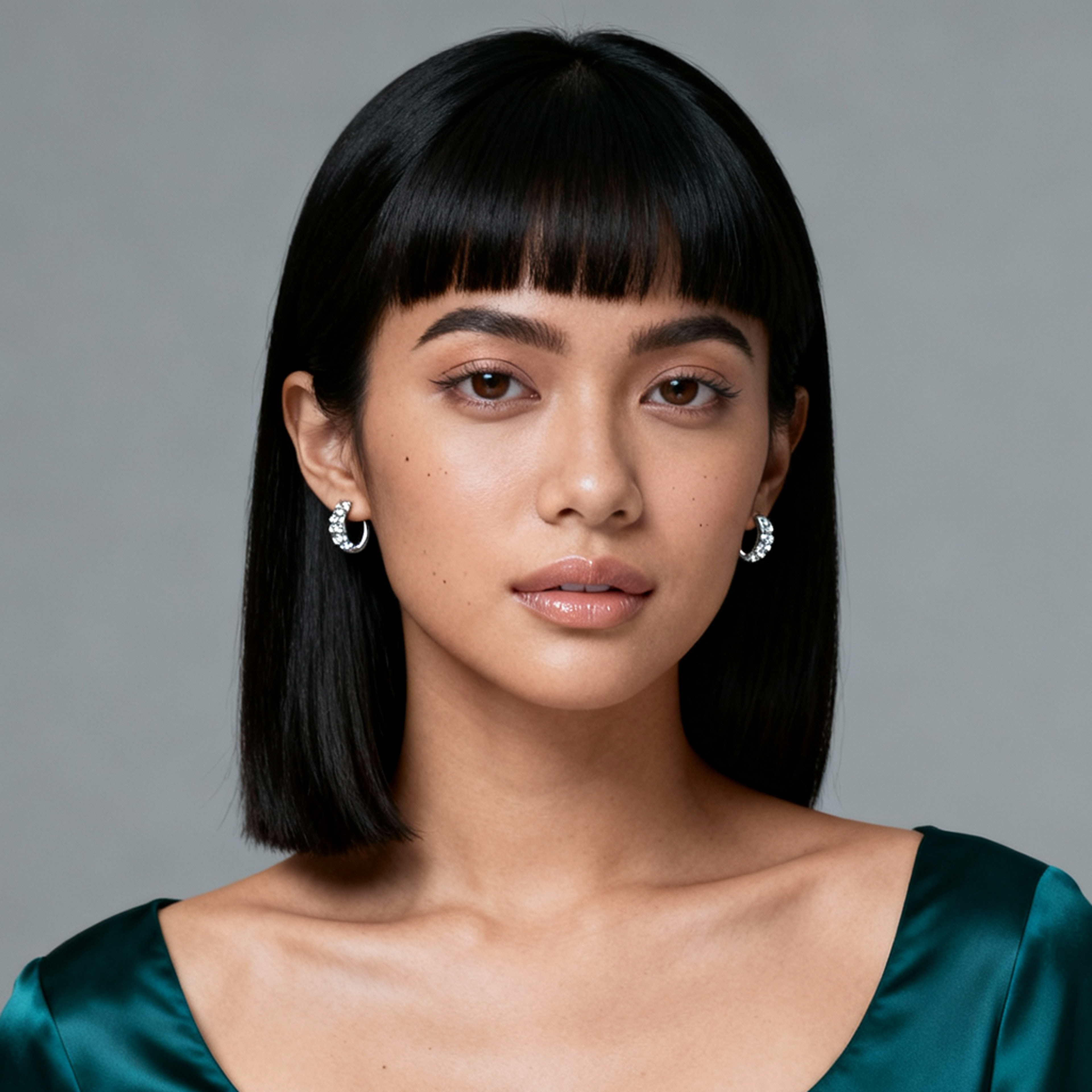 AI-generated portrait of a middle-aged woman with medium-length dark hair and bangs, wearing a dark top, posed with a neutral expression against a cool gray background in soft moody light.