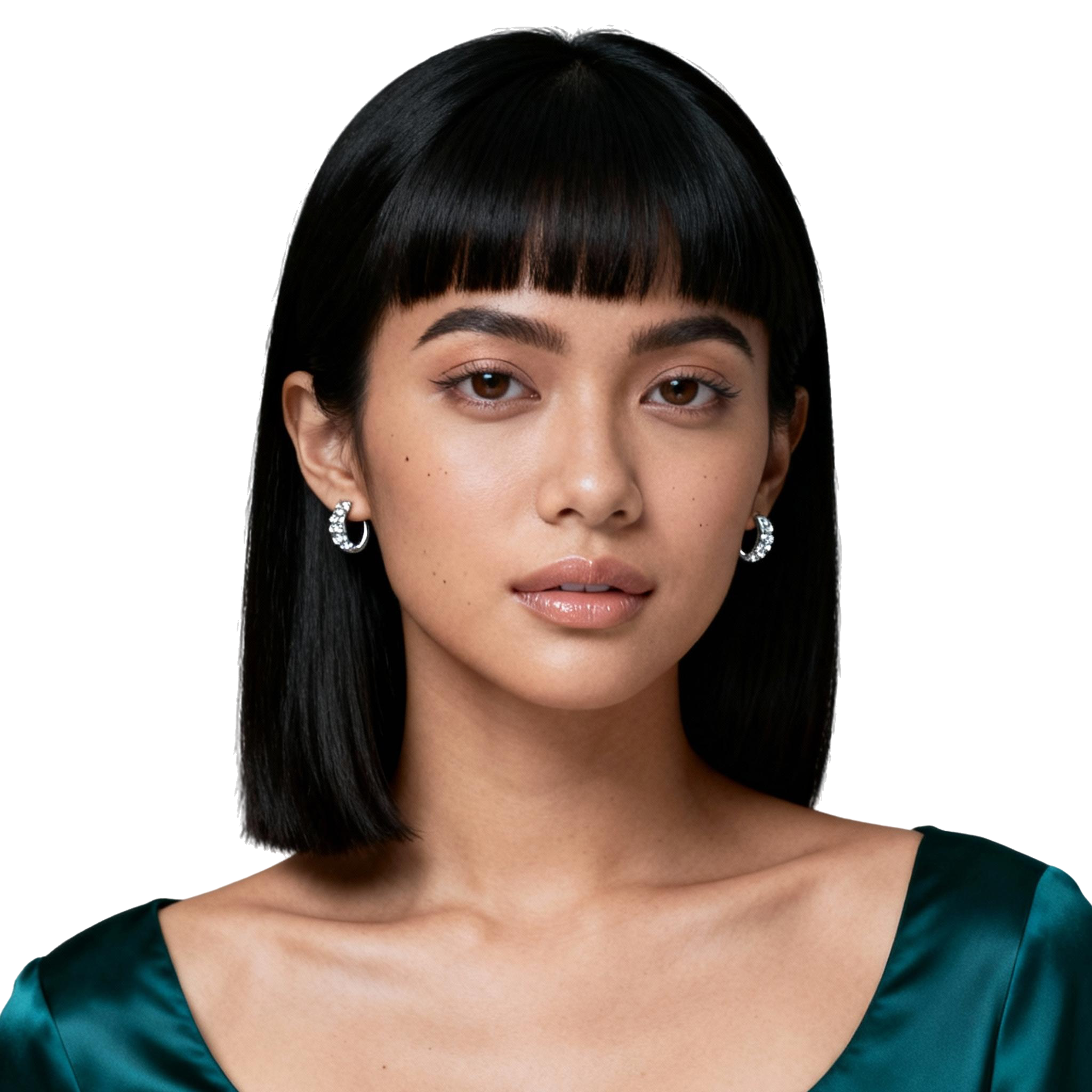 AI-generated portrait of a middle-aged woman with medium-length dark hair and bangs, wearing a dark top, posed with a neutral expression against a transparent background in soft moody light.