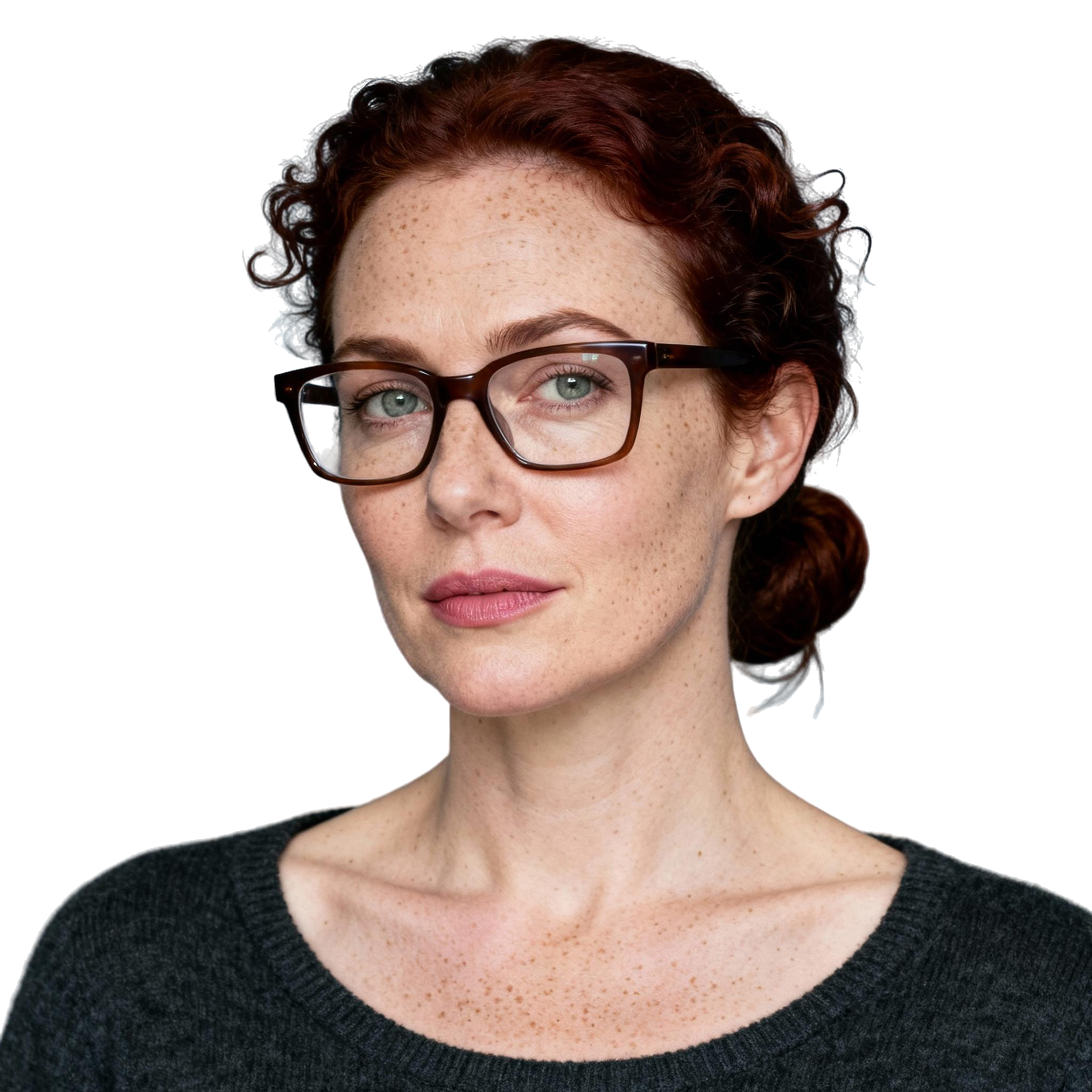 AI-generated portrait of a middle-aged woman with curly hair pulled back and glasses, wearing a dark knit top, posed with a calm expression against a transparent background in soft moody light.