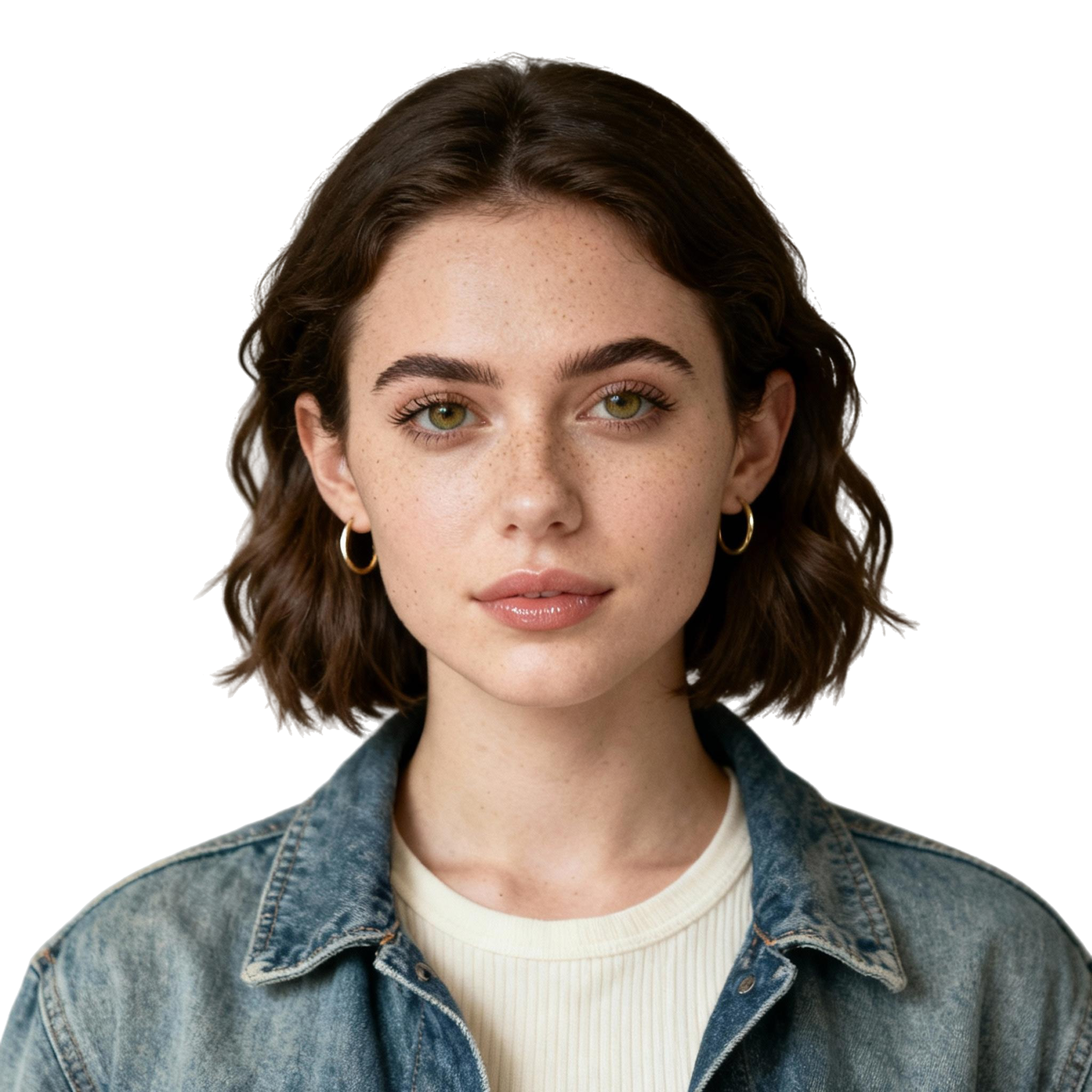 AI-generated portrait of a young woman with short wavy hair and defined brows, wearing a casual jacket over a top, posed with a neutral expression against a transparent background in soft balanced light.