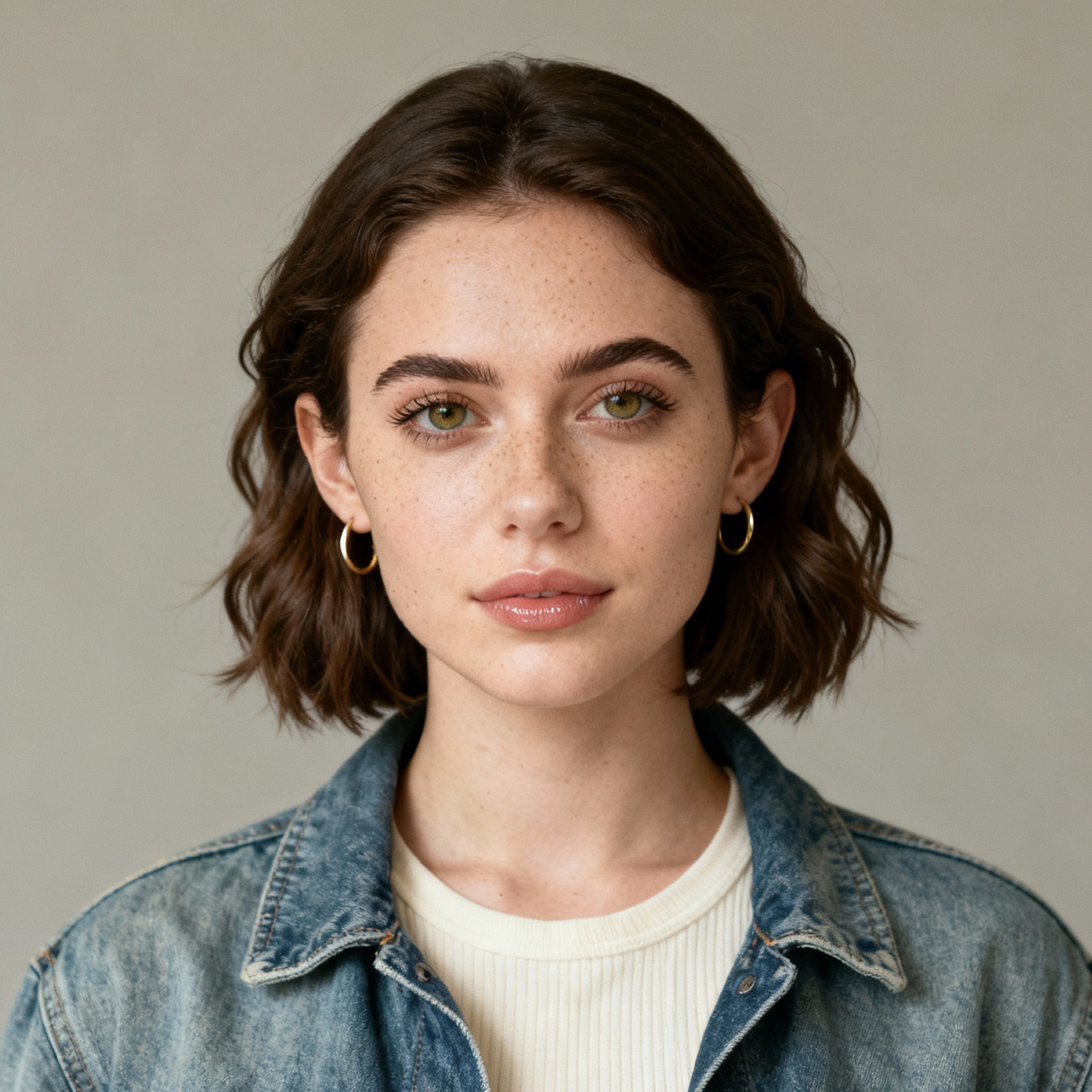 AI-generated portrait of a young woman with short wavy hair and defined brows, wearing a casual jacket over a top, posed with a neutral expression against a textured neutral background in soft balanced light.