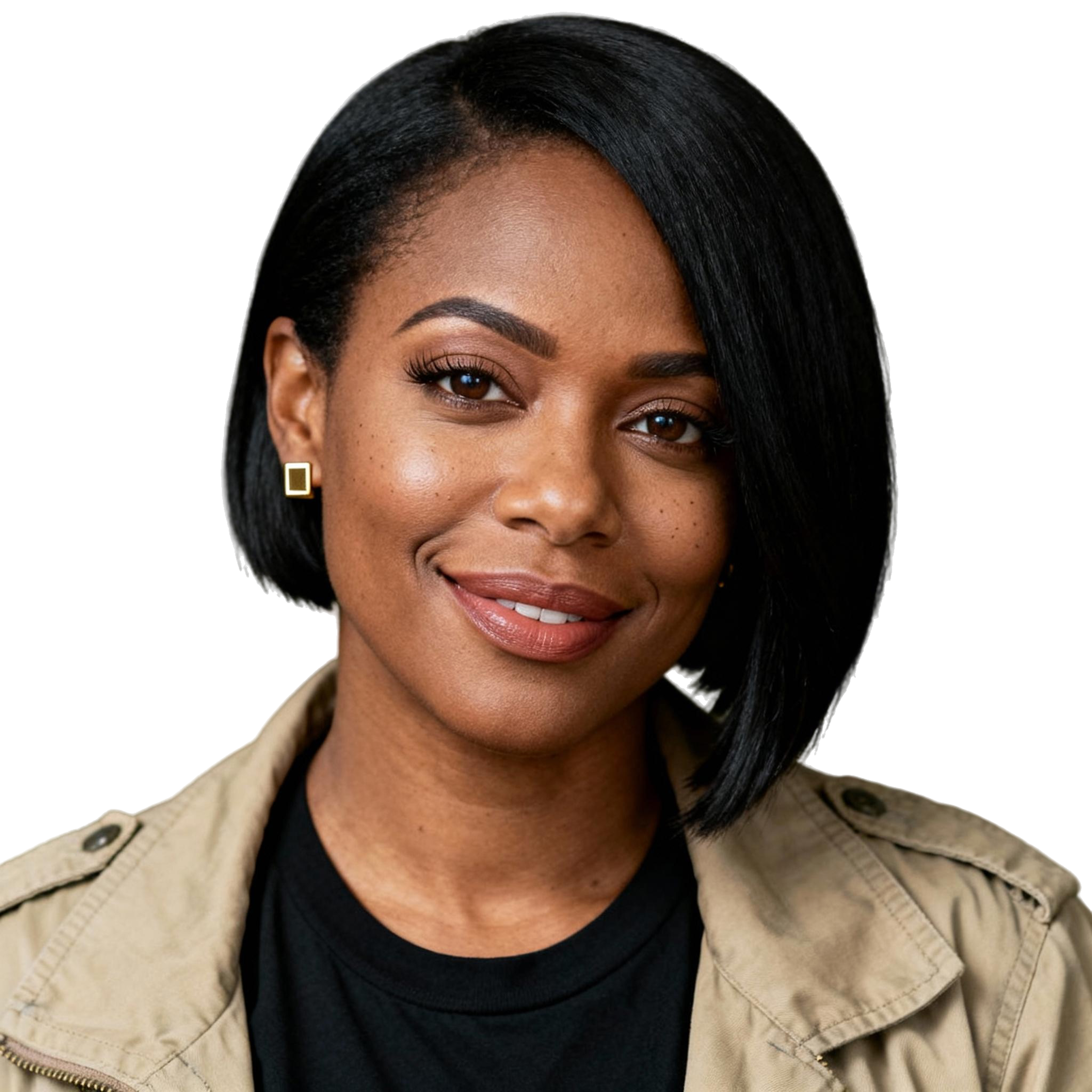 AI-generated portrait of a young woman with straight shoulder-length hair and smooth features, wearing a light jacket and top, posed with a calm expression against a transparent background in balanced light.