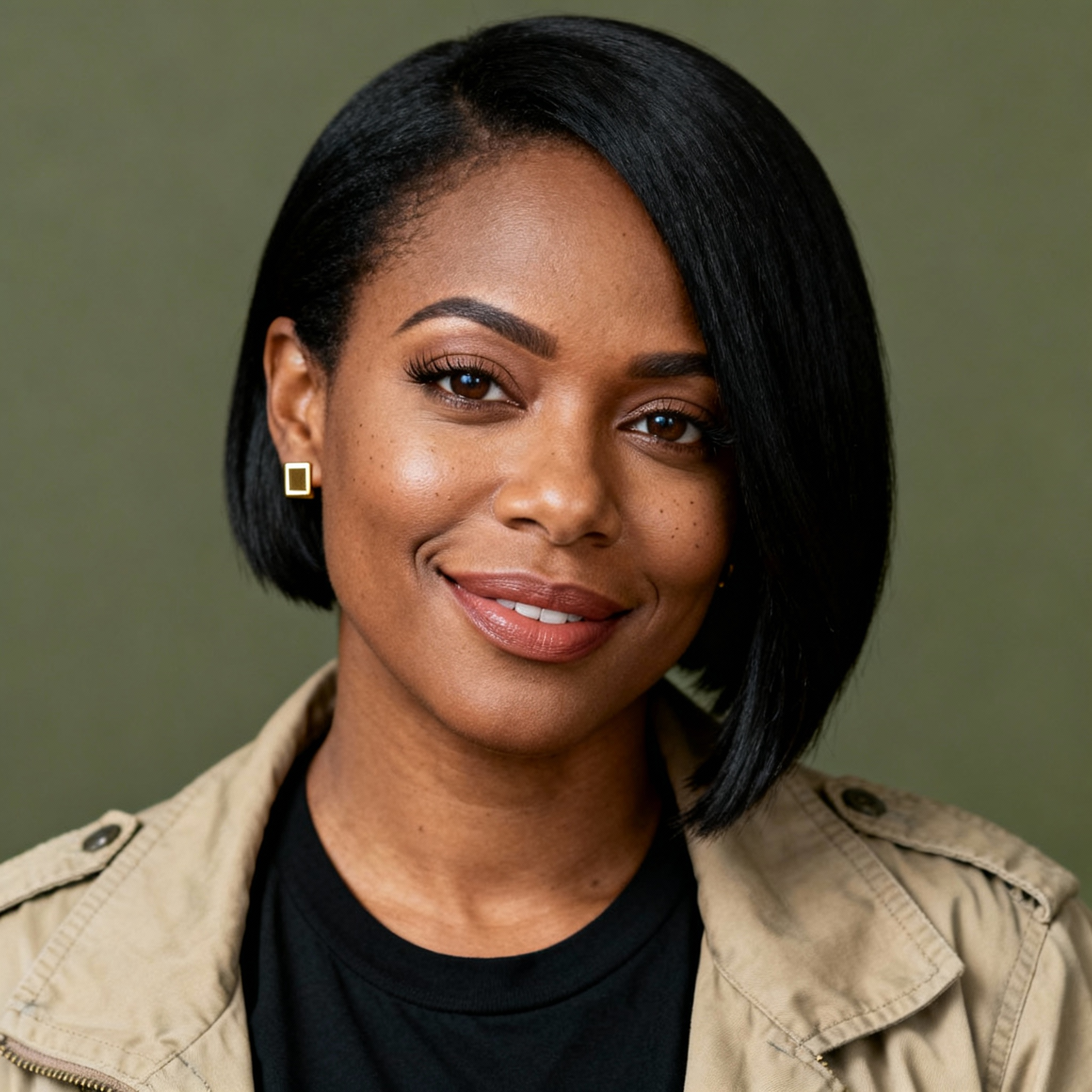 AI-generated portrait of a young woman with straight shoulder-length hair and smooth features, wearing a light jacket and top, posed with a calm expression against a muted textured background in balanced light.
