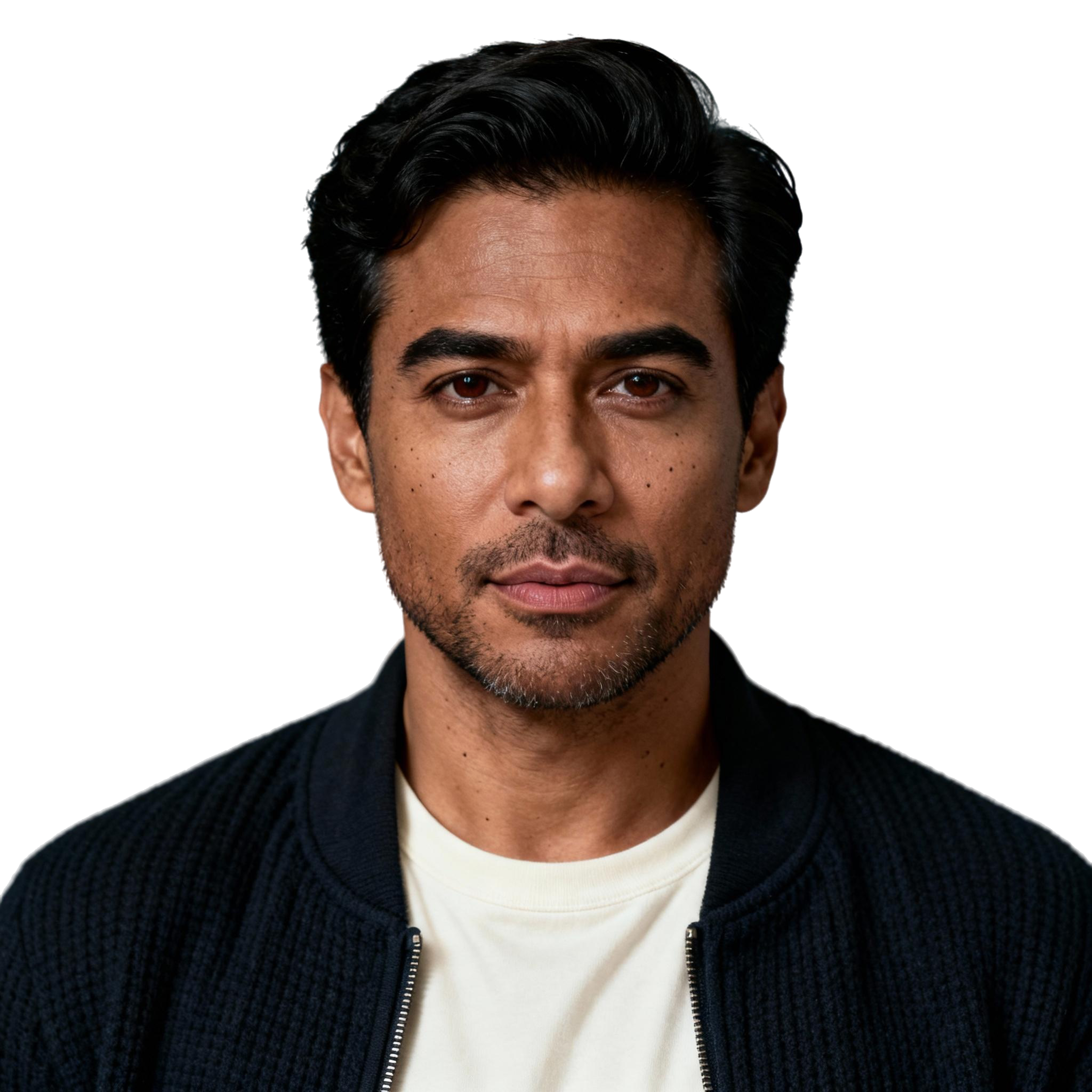AI-generated portrait of a young man with short styled hair and light stubble, wearing a dark jacket over a shirt, posed with a neutral expression against a transparent background in soft balanced light.