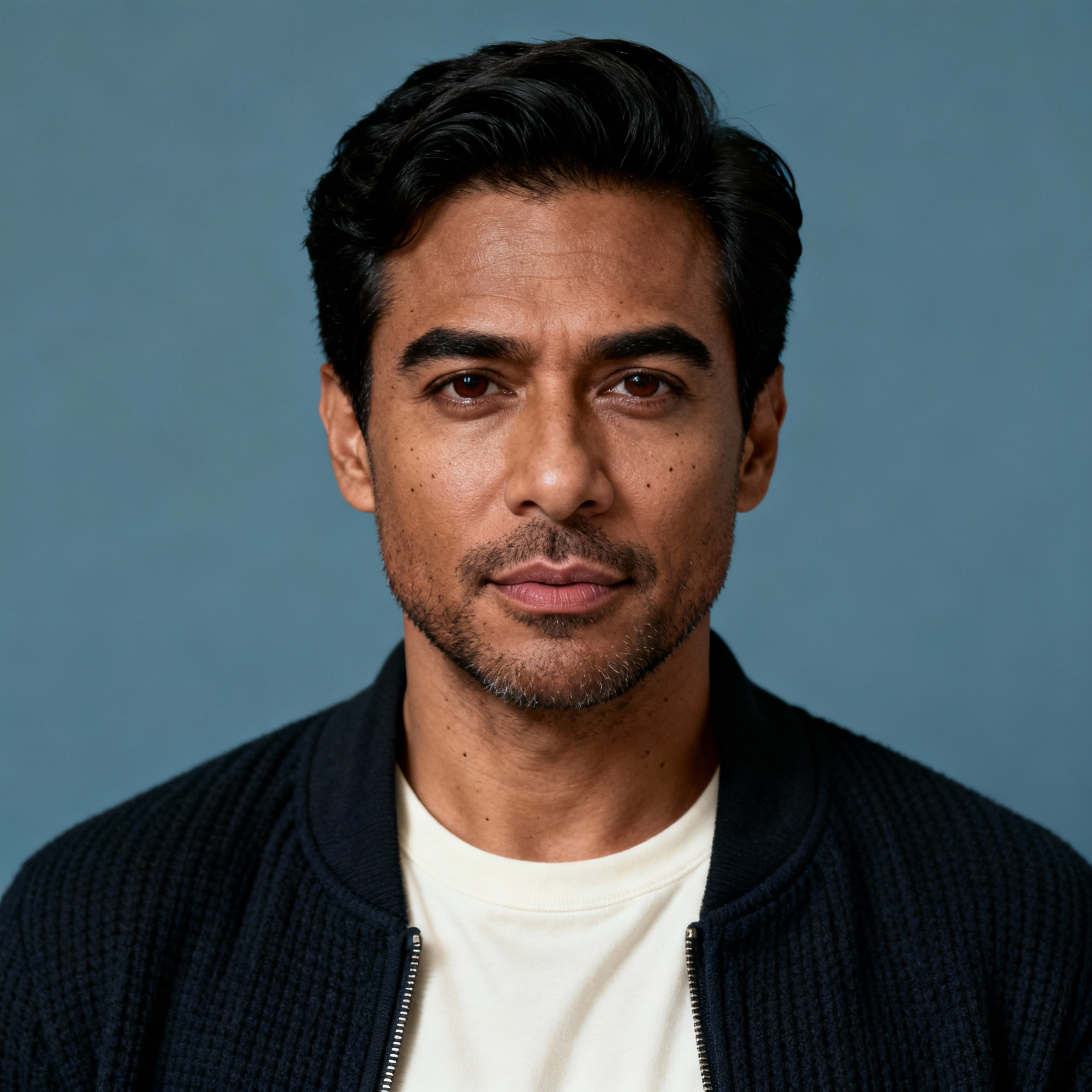 AI-generated portrait of a young man with short styled hair and light stubble, wearing a dark jacket over a shirt, posed with a neutral expression against a textured neutral background in soft balanced light.