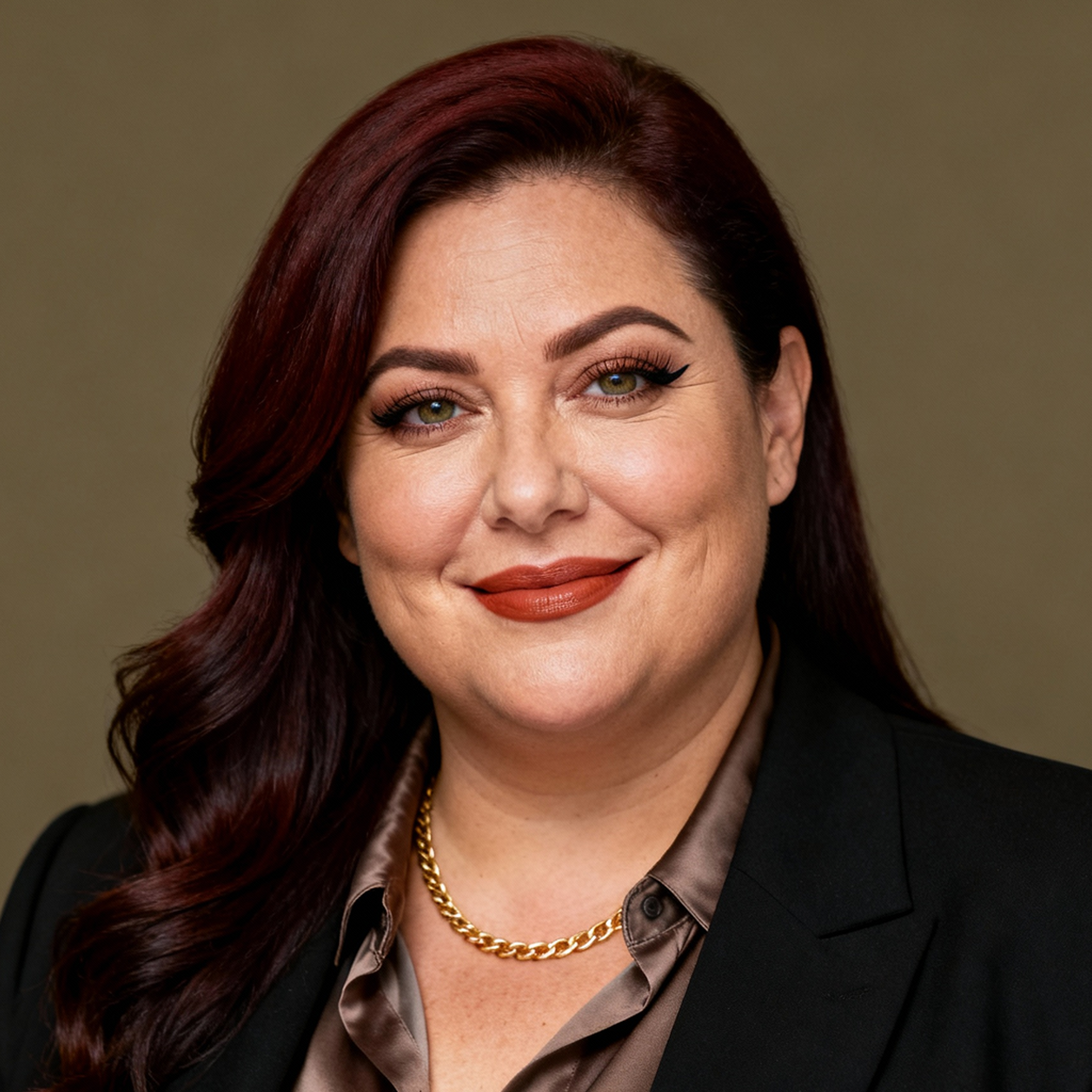 AI-generated portrait of a middle-aged woman with long styled hair and defined features, wearing a tailored jacket, posed with a soft smile against a neutral textured background in balanced light.
