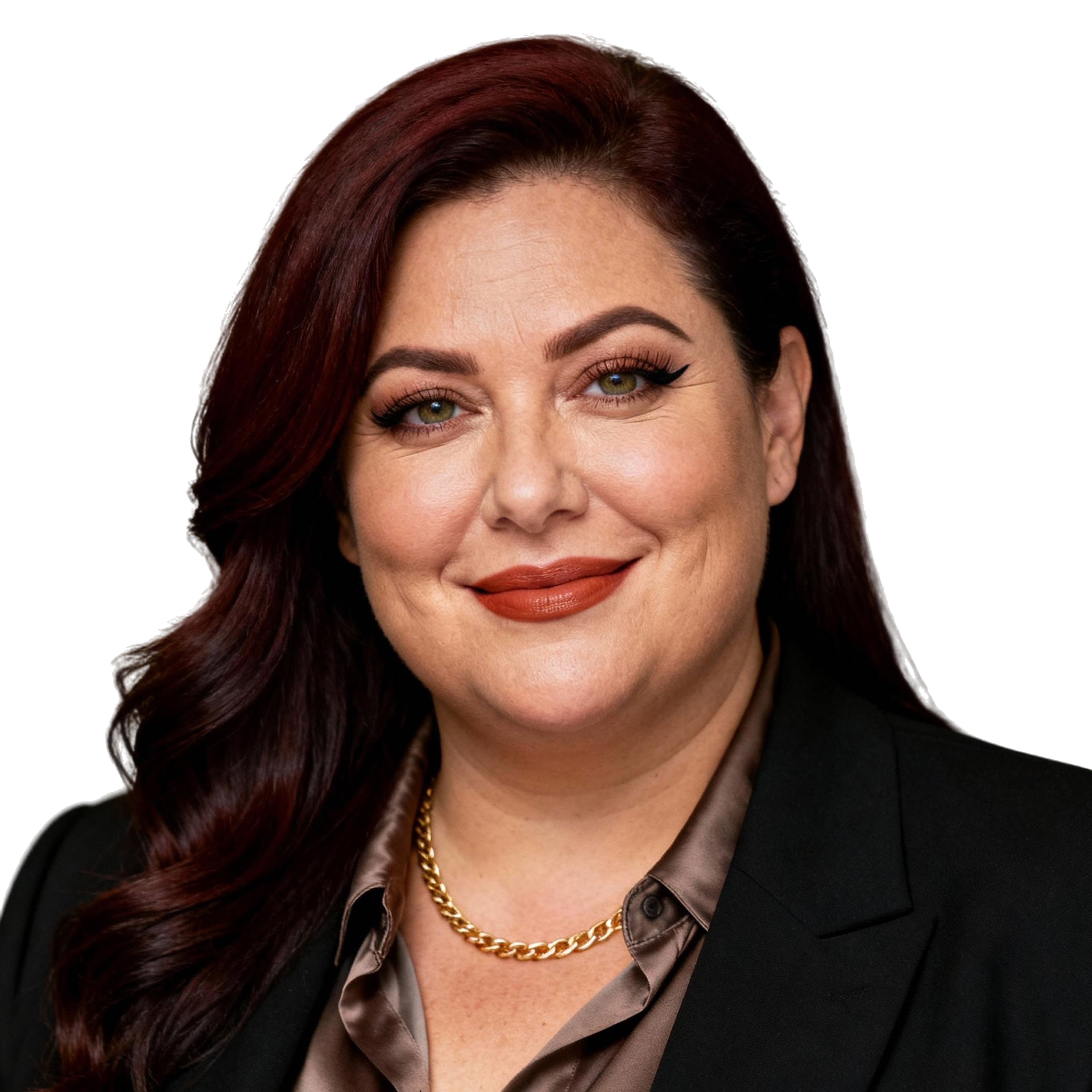 AI-generated portrait of a middle-aged woman with long styled hair and defined features, wearing a tailored jacket, posed with a soft smile against a transparent background in balanced light.