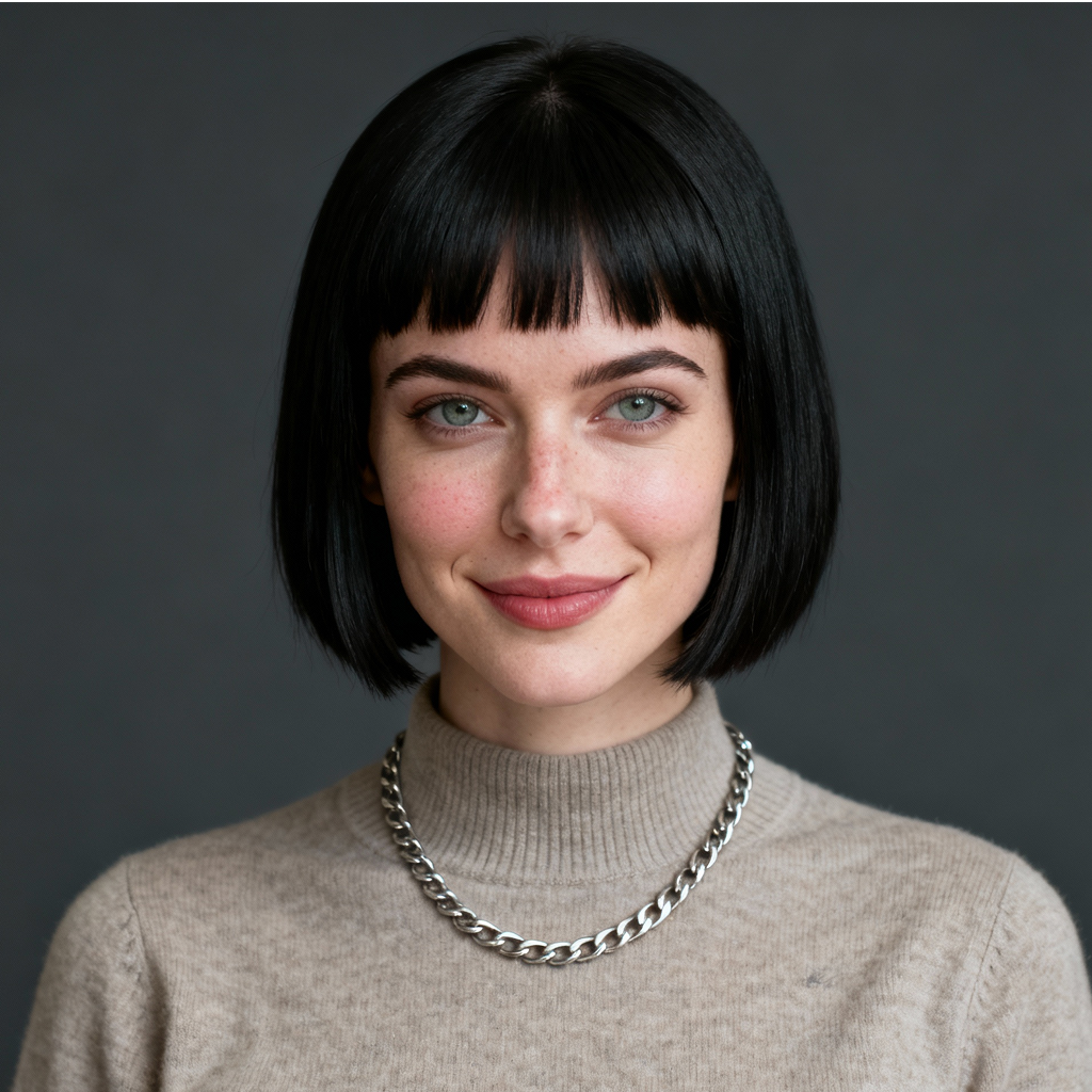AI-generated portrait of a young woman with shoulder-length black hair, wearing a light gray sweater, posed with a gentle smile against a textured dark gray background in balanced light.
