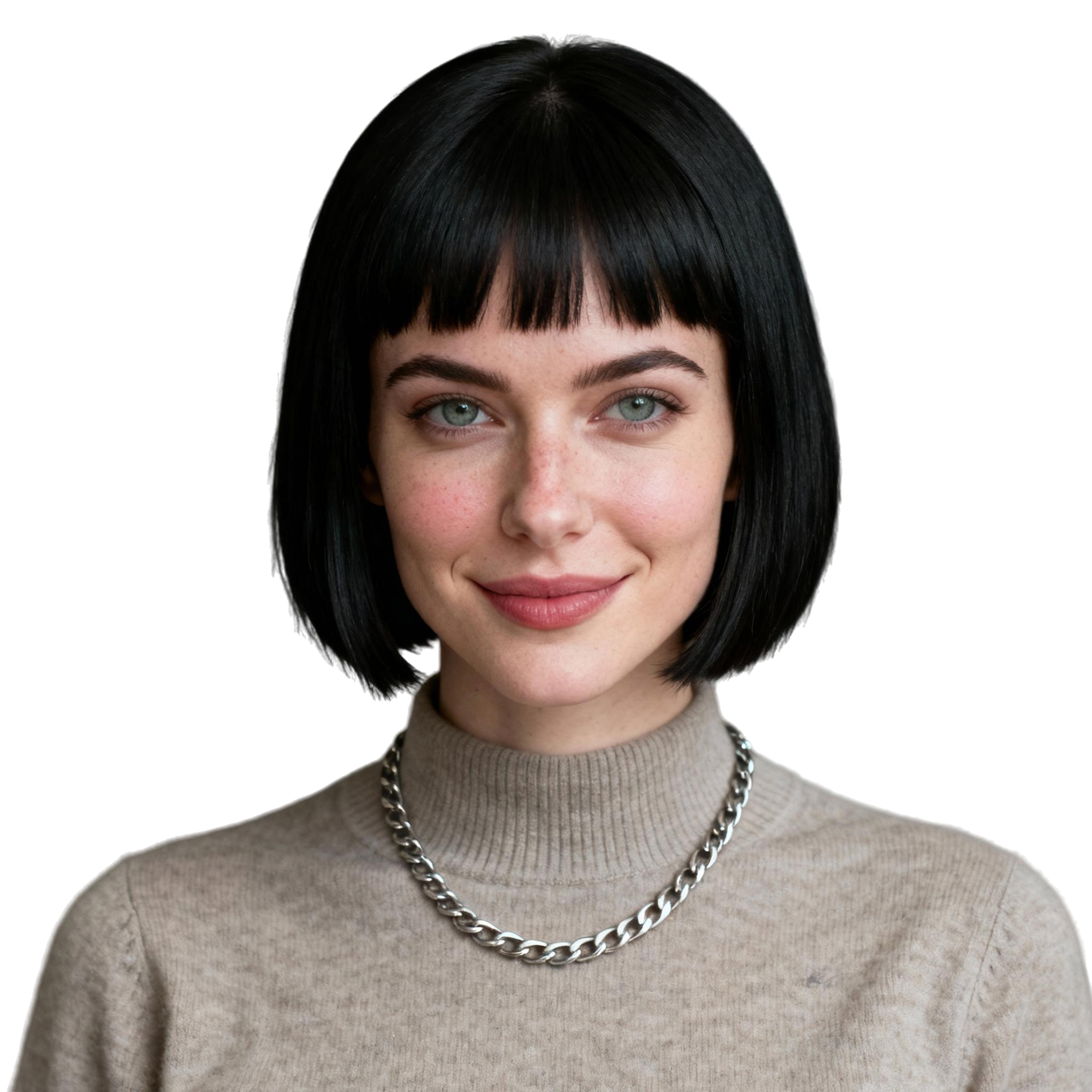 AI-generated portrait of a young woman with shoulder-length black hair, wearing a light gray sweater, posed with a gentle smile against a textured transparent background in balanced light.
