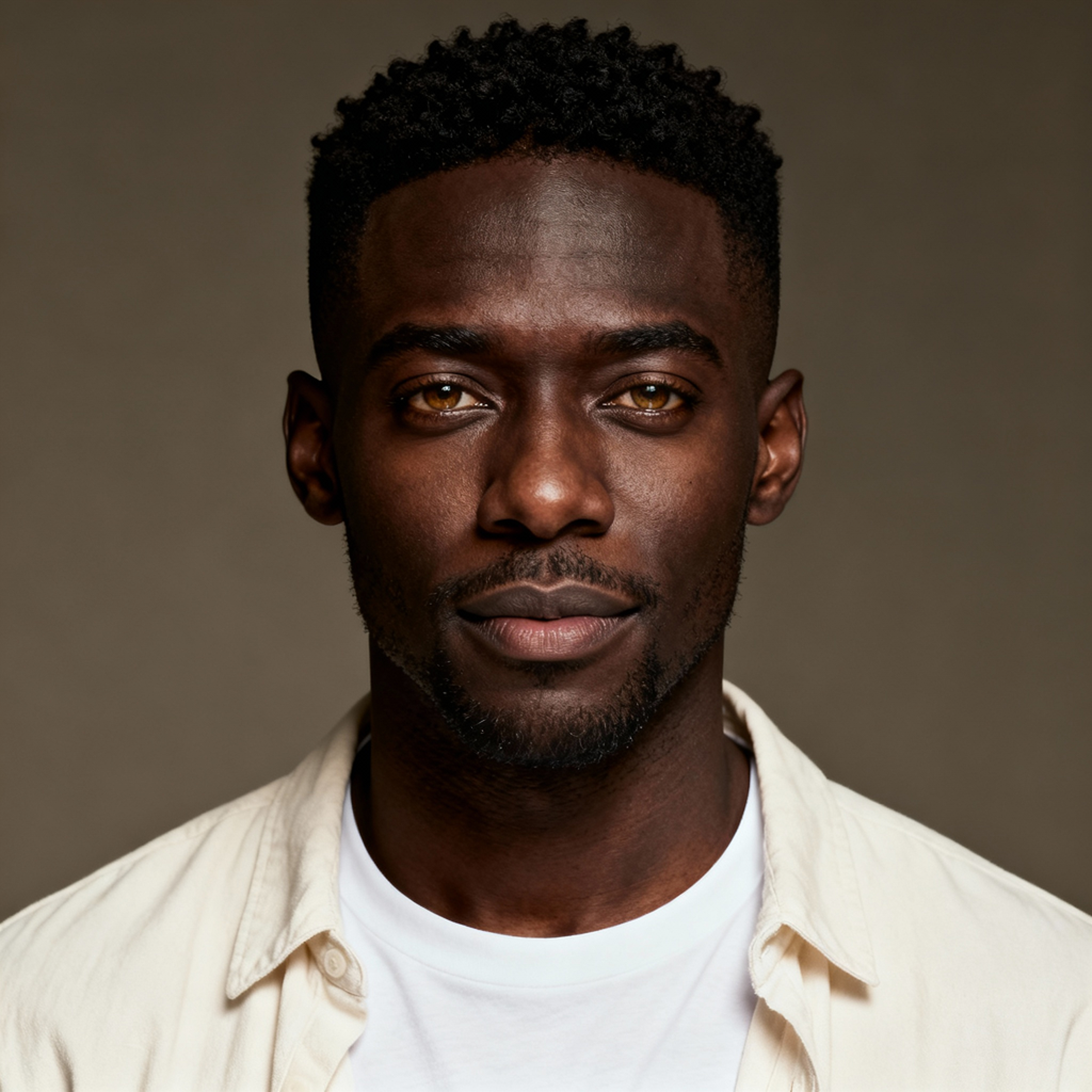 AI-generated portrait of a young man with short black hair and trimmed beard, wearing a white t-shirt and cream overshirt, with a calm, steady gaze against an olive background in balanced light.