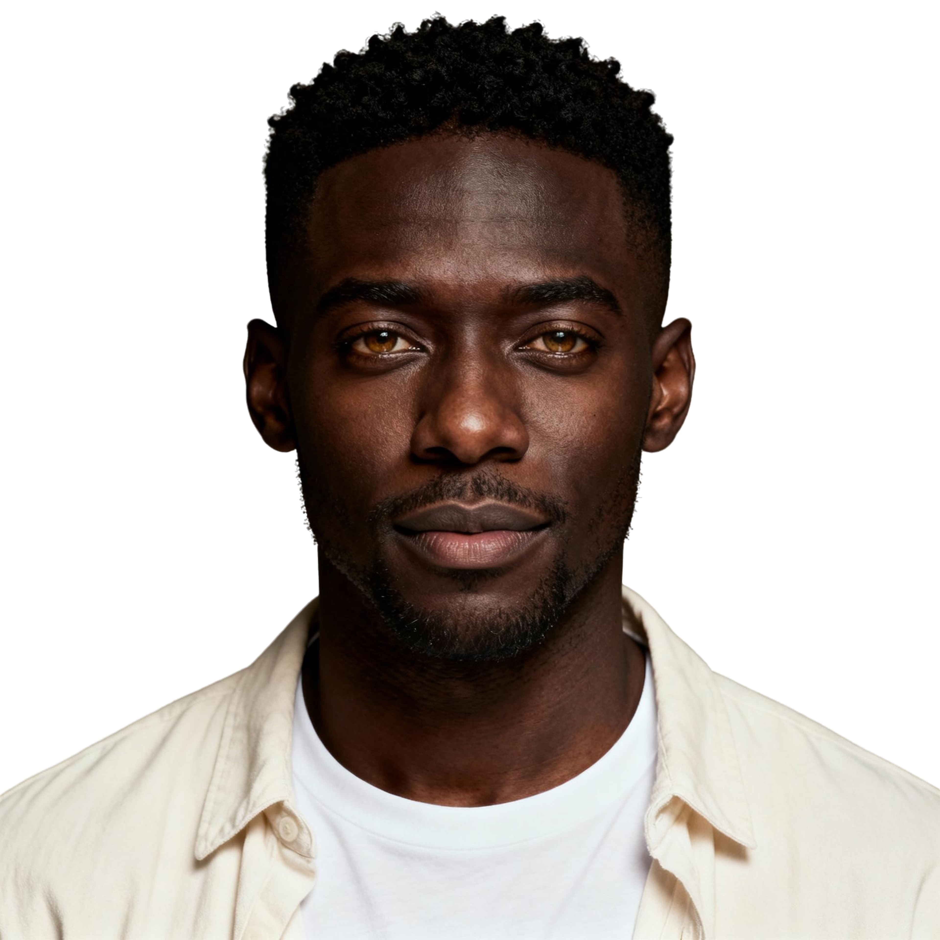 AI-generated portrait of a young man with short black hair and trimmed beard, wearing a white t-shirt and cream overshirt, with a calm, steady gaze against a transparent background in balanced light.
