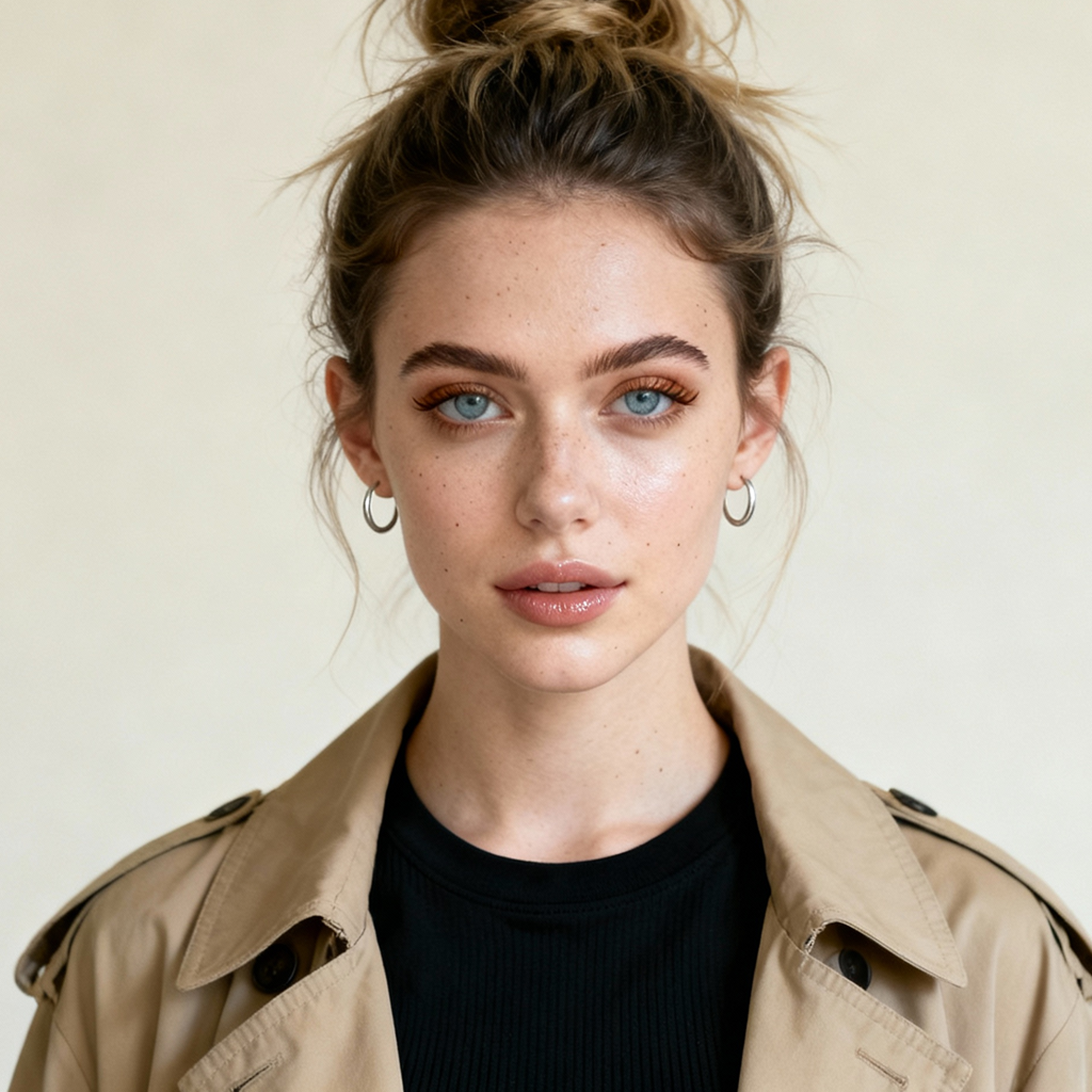 AI-generated portrait of a young woman with hair tied back and defined brows, wearing a light jacket, posed with a calm expression against a neutral textured background in balanced light.
