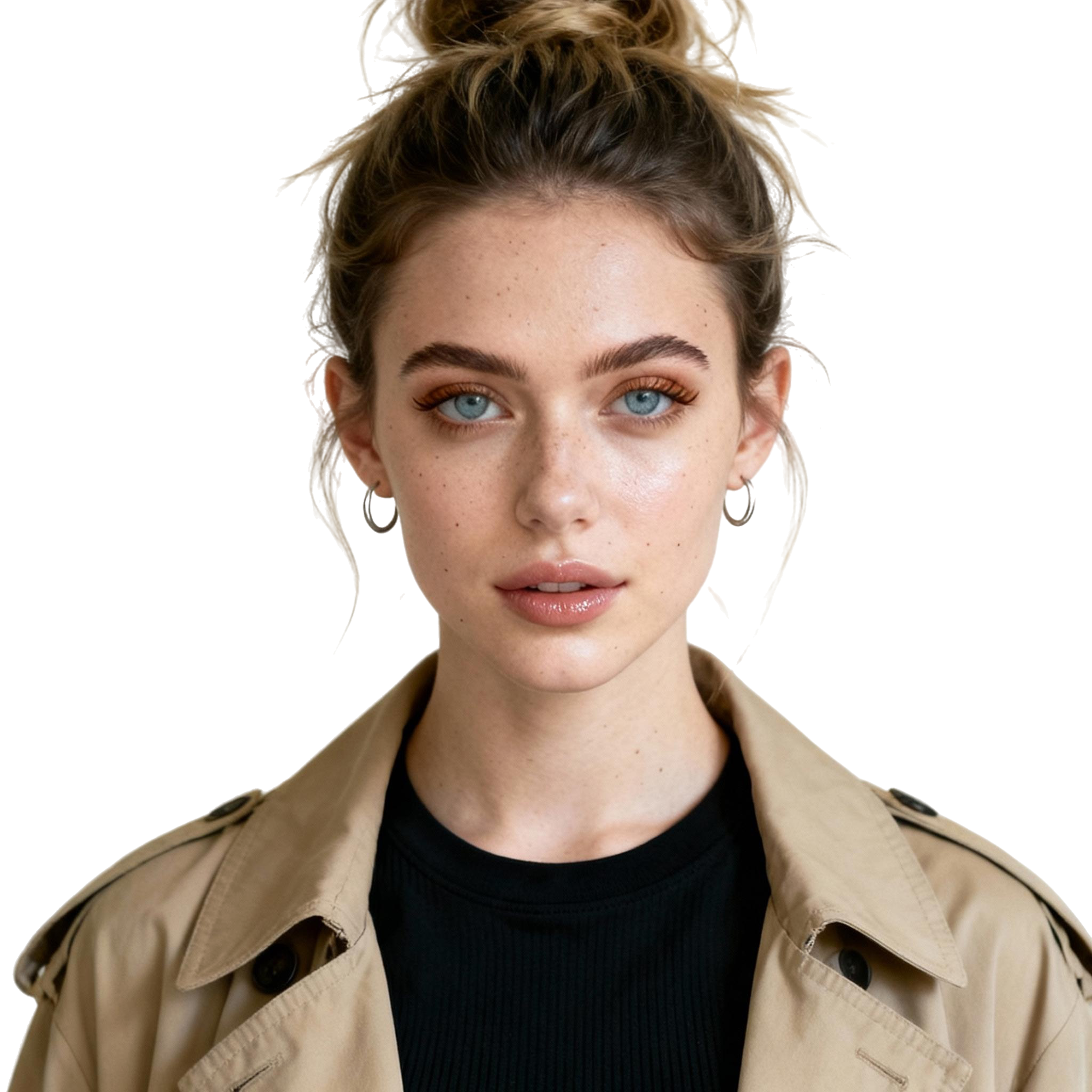 AI-generated portrait of a young woman with hair tied back and defined brows, wearing a light jacket, posed with a calm expression against a transparent background in balanced light.