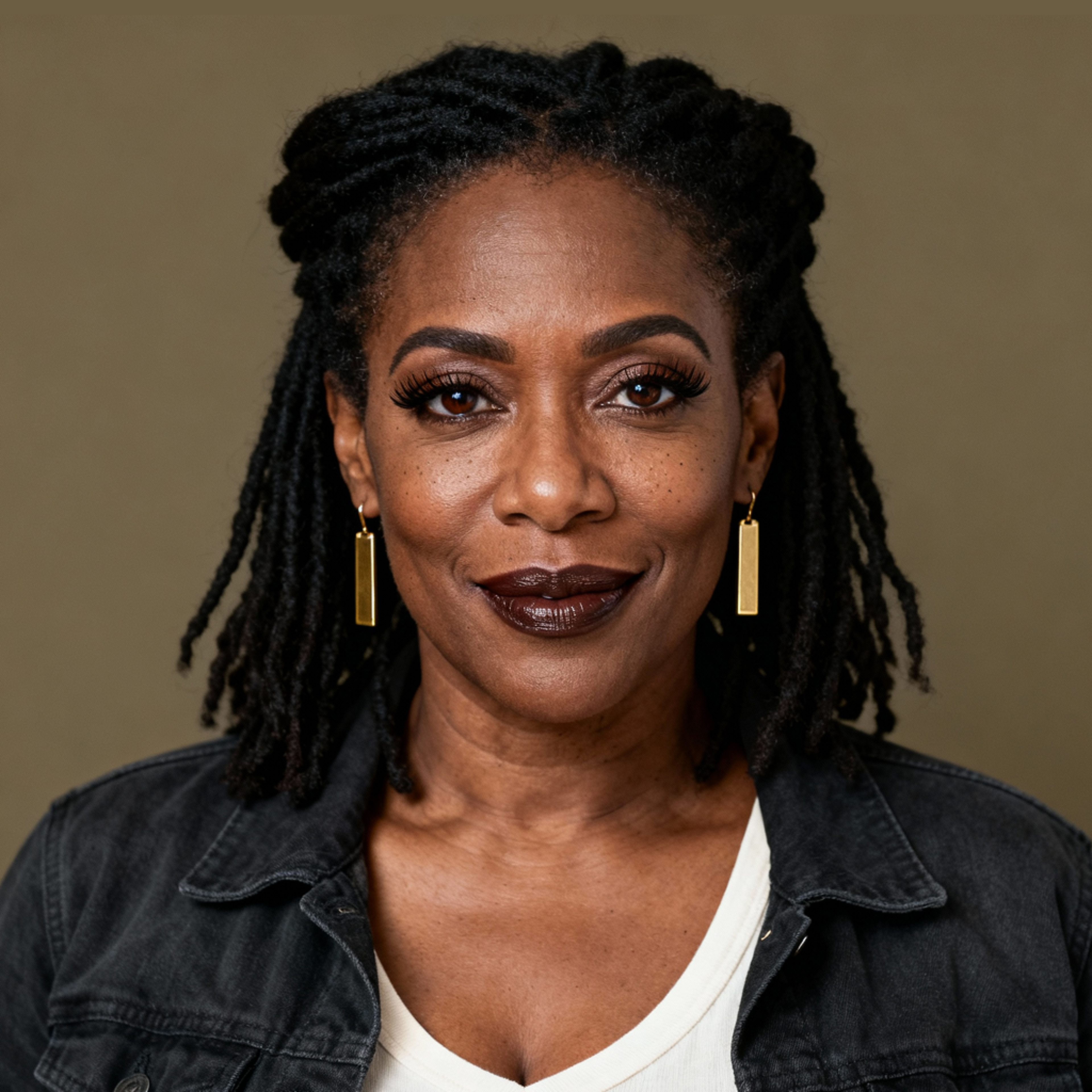 AI-generated portrait of a middle-aged woman with braided hair and defined features, wearing a dark jacket, posed with a confident expression against a neutral textured background in balanced light.