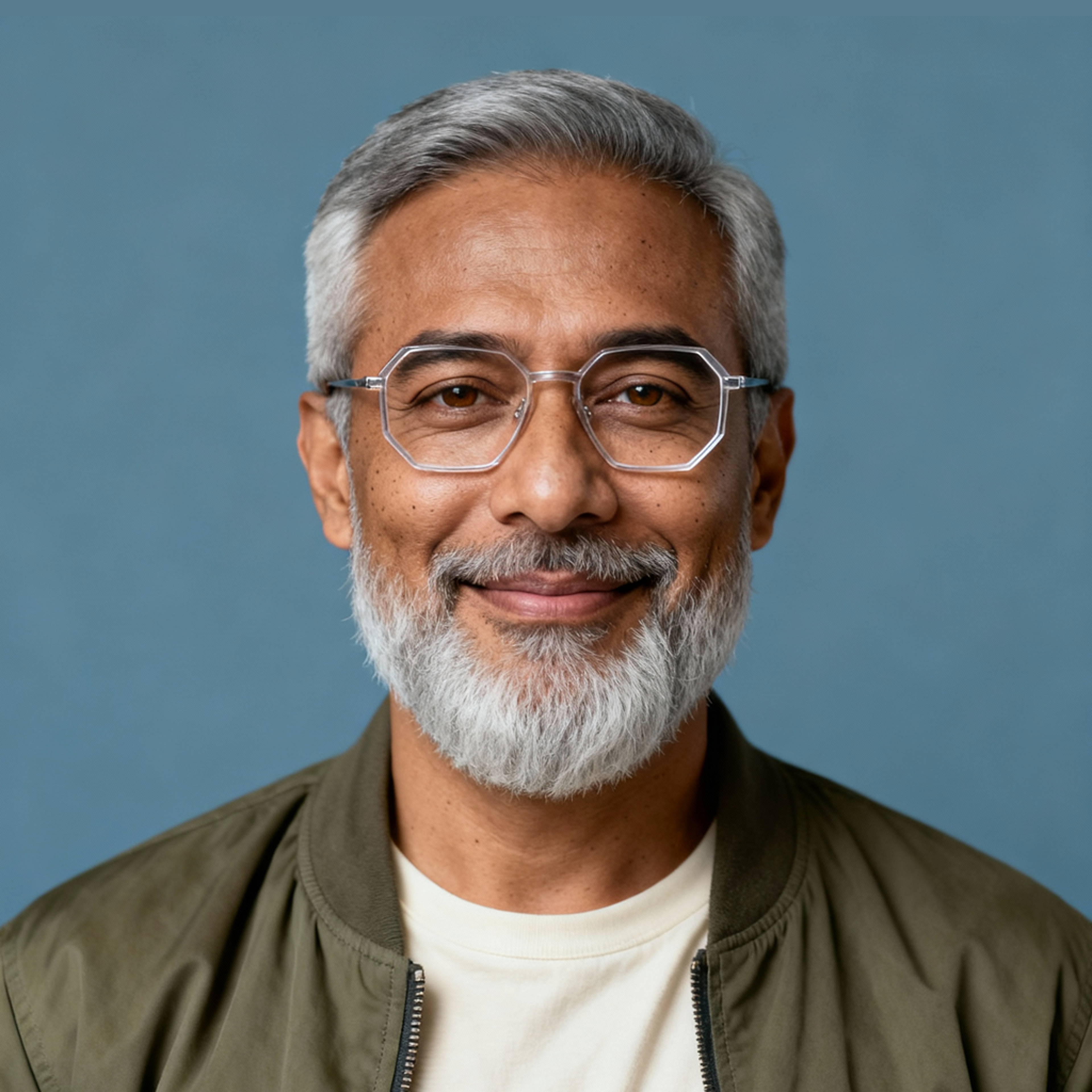 AI-generated portrait of a middle-aged man with short gray hair, a full beard, and glasses, wearing a casual jacket and shirt, posed with a gentle smile against a textured neutral background in balanced light.