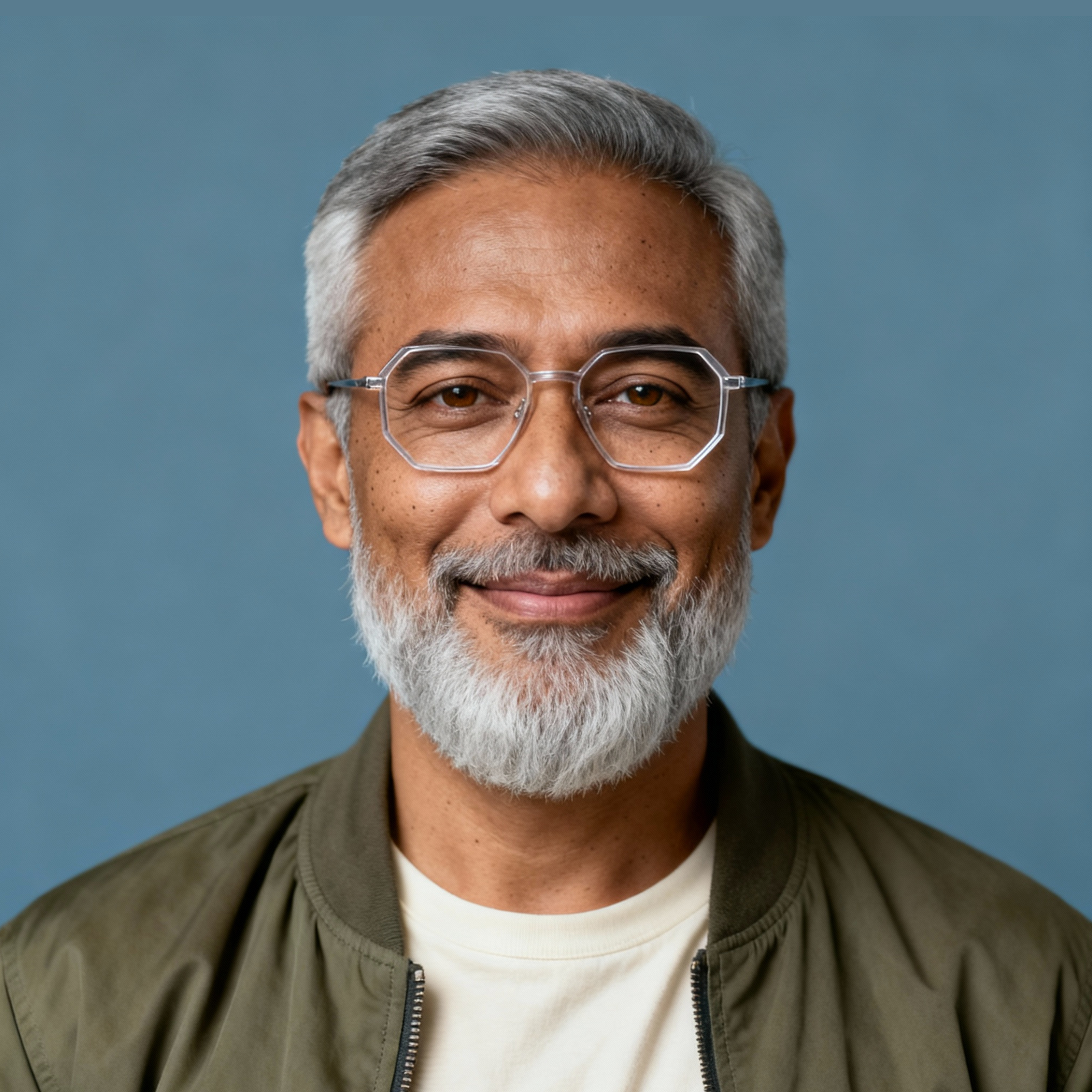 AI-generated portrait of a middle-aged man with short gray hair, a full beard, and glasses, wearing a casual jacket and shirt, posed with a gentle smile against a textured neutral background in balanced light.