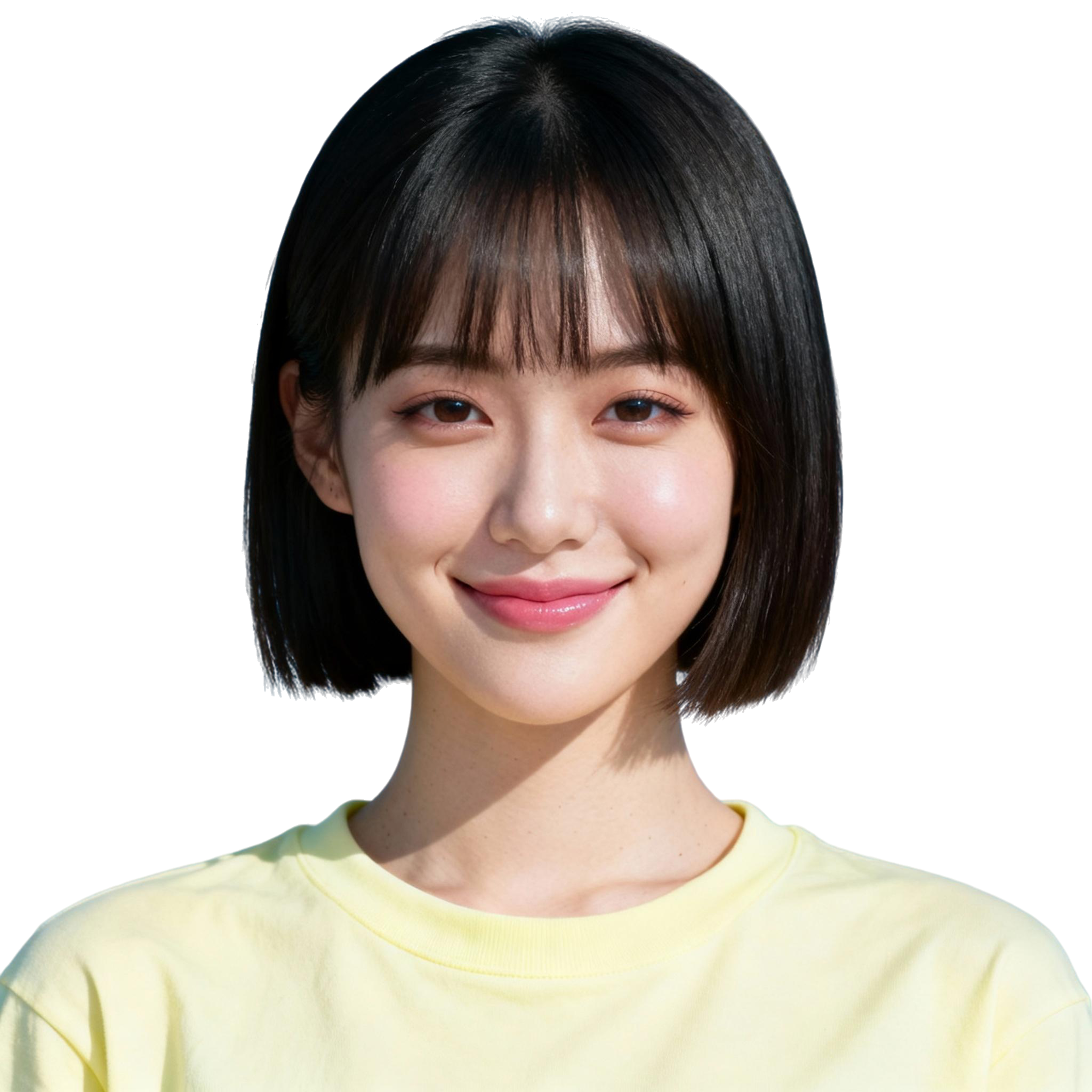AI-generated portrait of a young woman with a short straight bob and smooth facial features, wearing a pastel top, posed with a friendly smile against a transparent background in bright even light.